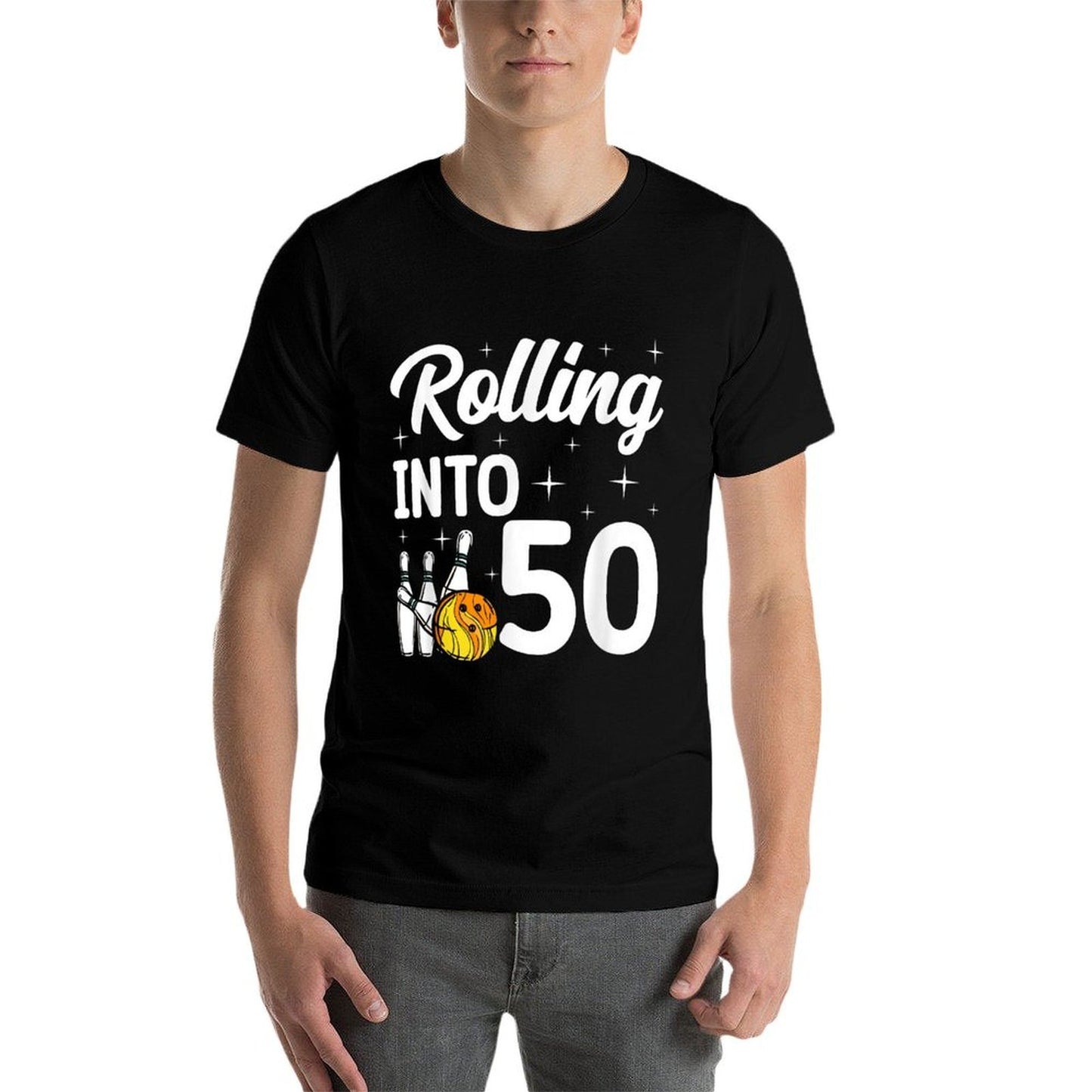 Rolling Into 50 Bowling 50th Birthday Ribbed Collar T-Shirt