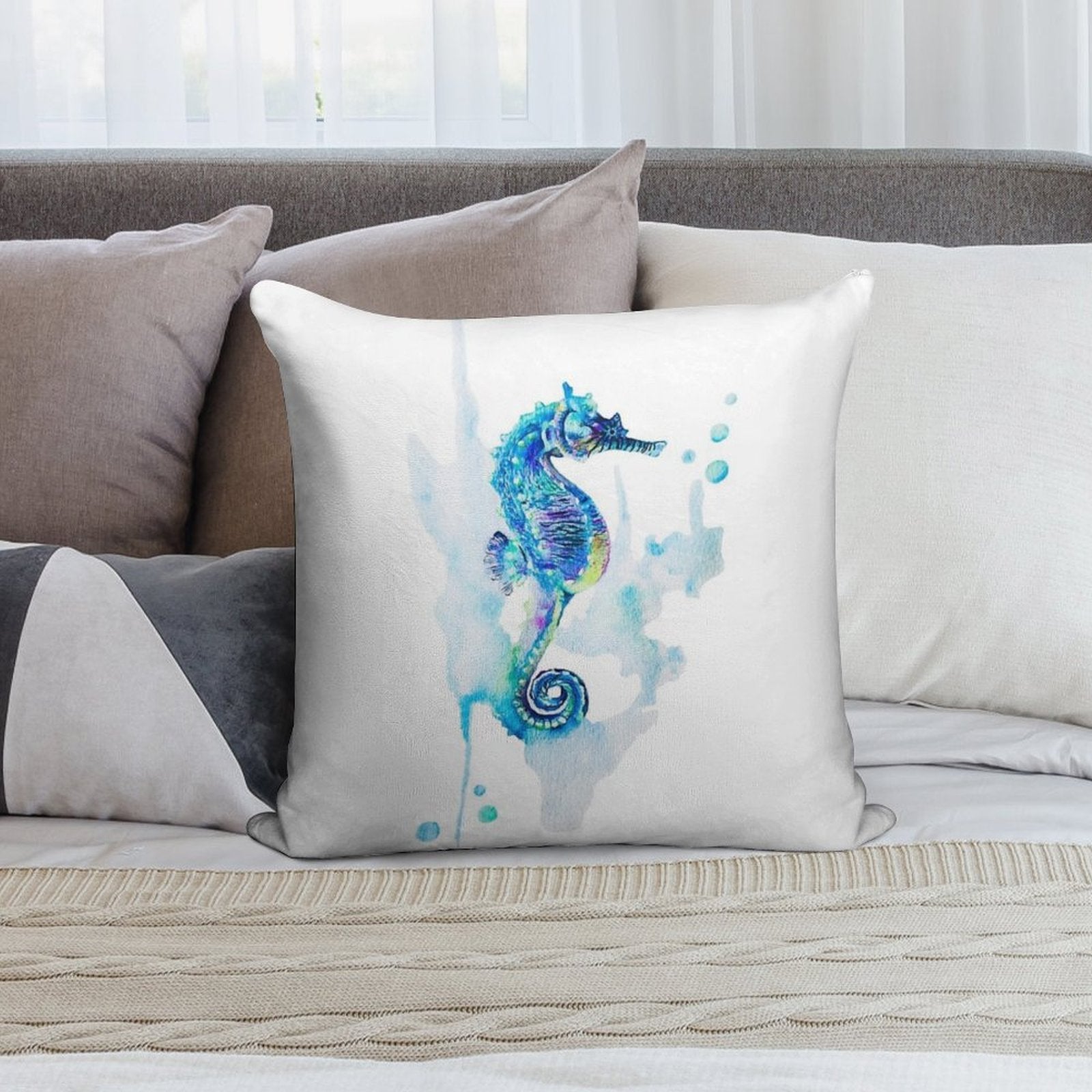 Watercolor Seahorse Soft Durable Construction Throw Pillow