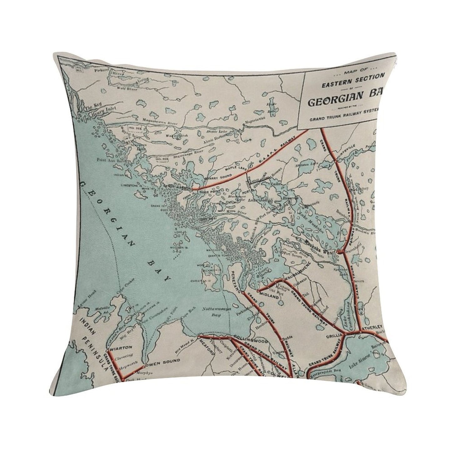 Vintage Map of Georgian Bay And Muskoka Lakes Soft Reinforced Edging Throw Pillow