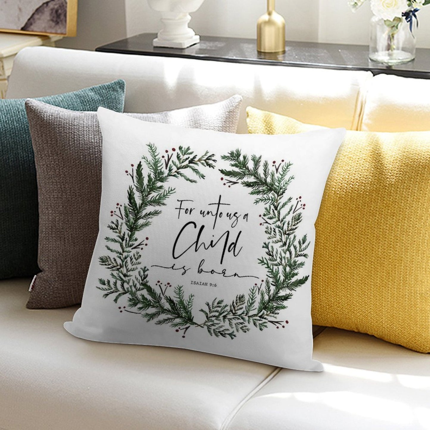 Unto Us A Child Is Born Pine Wreath Soft Shrink-Resistant Throw Pillow