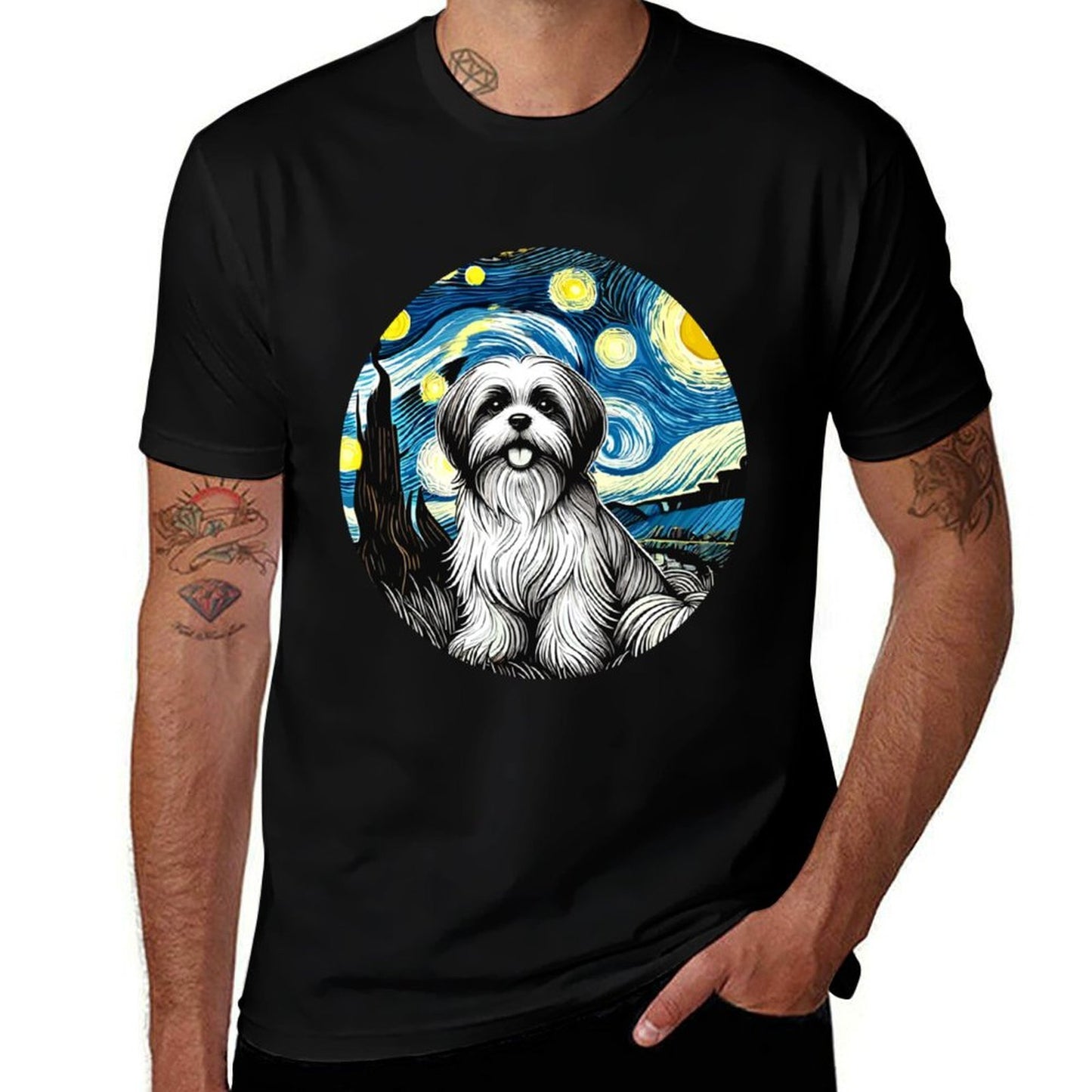 Shih Tzu Dog Mom Dad Cute - Van Gogh Starry Night Style Polyester Blend T-Shirt