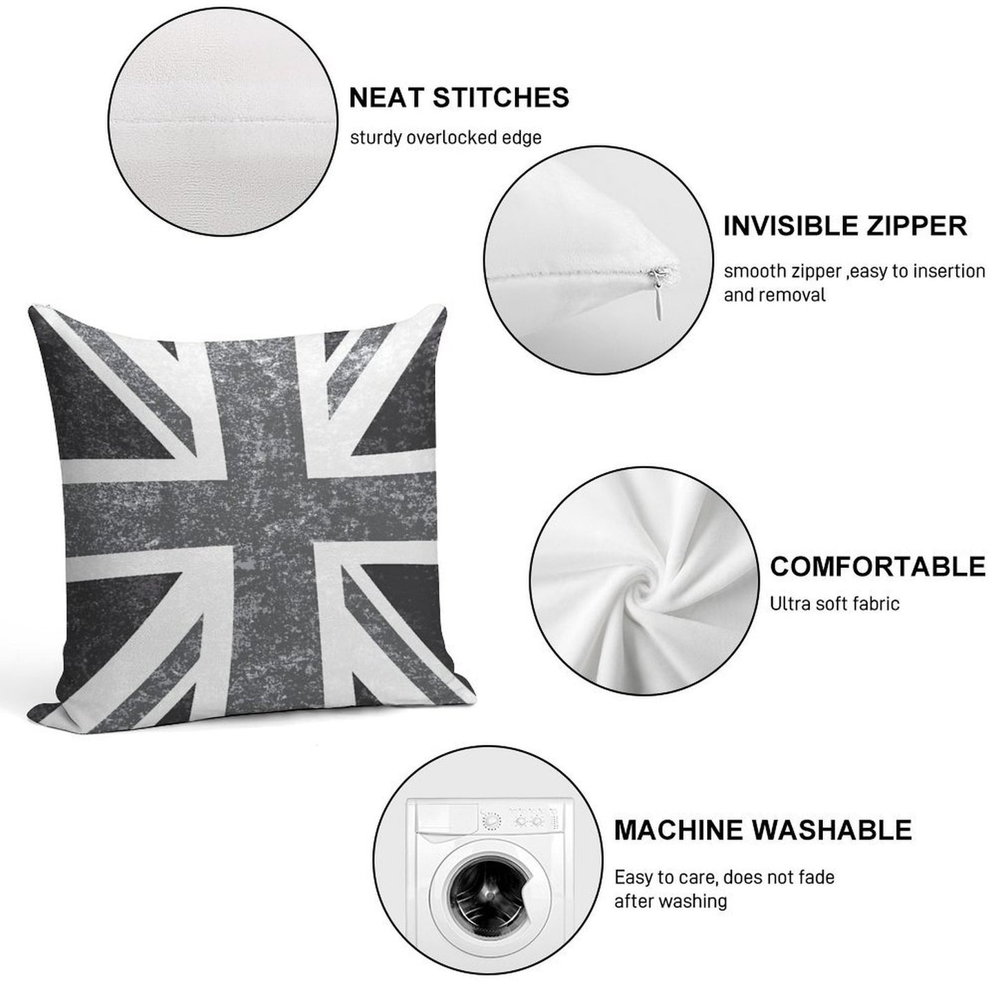 Union Jack Vintage Grayscale - United Kingdom Flag Soft Short Plush Fabric Throw Pillow