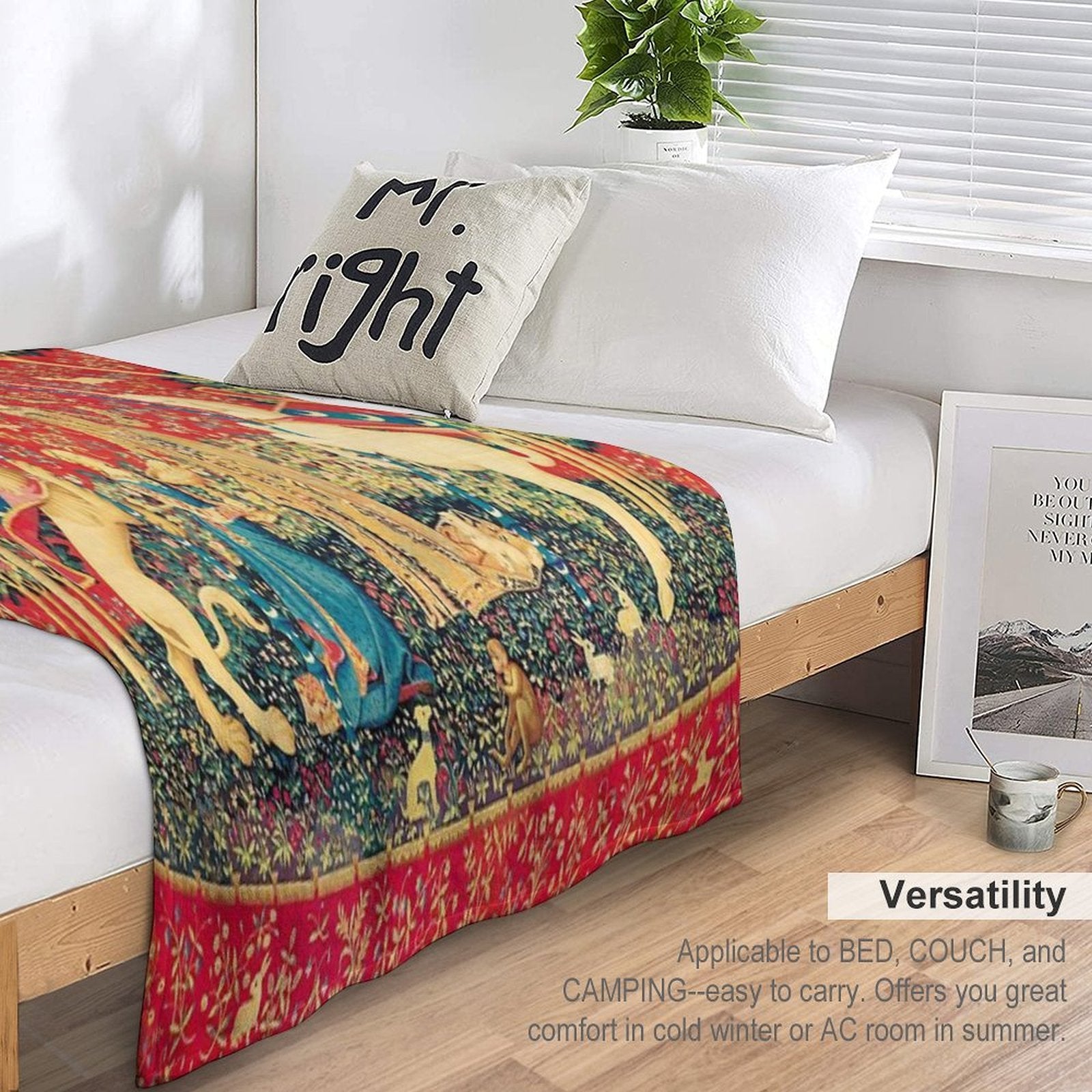 LADY AND UNICORN Taste, Red Green Fantasy Flowers,Animals Multi-functional Throw Blanket