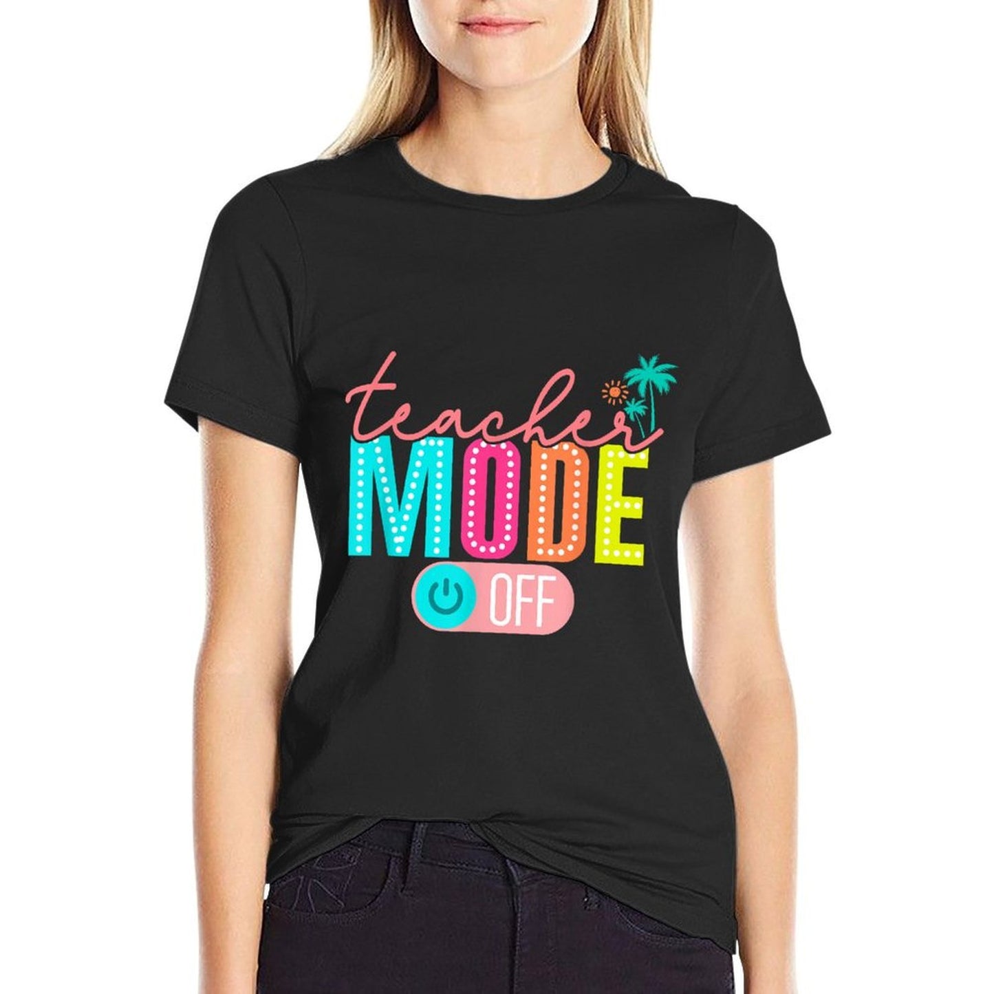Retro Teacher Mode Off Happy Last Day Of School Hello Summer  Ribbed Collar T-Shirt