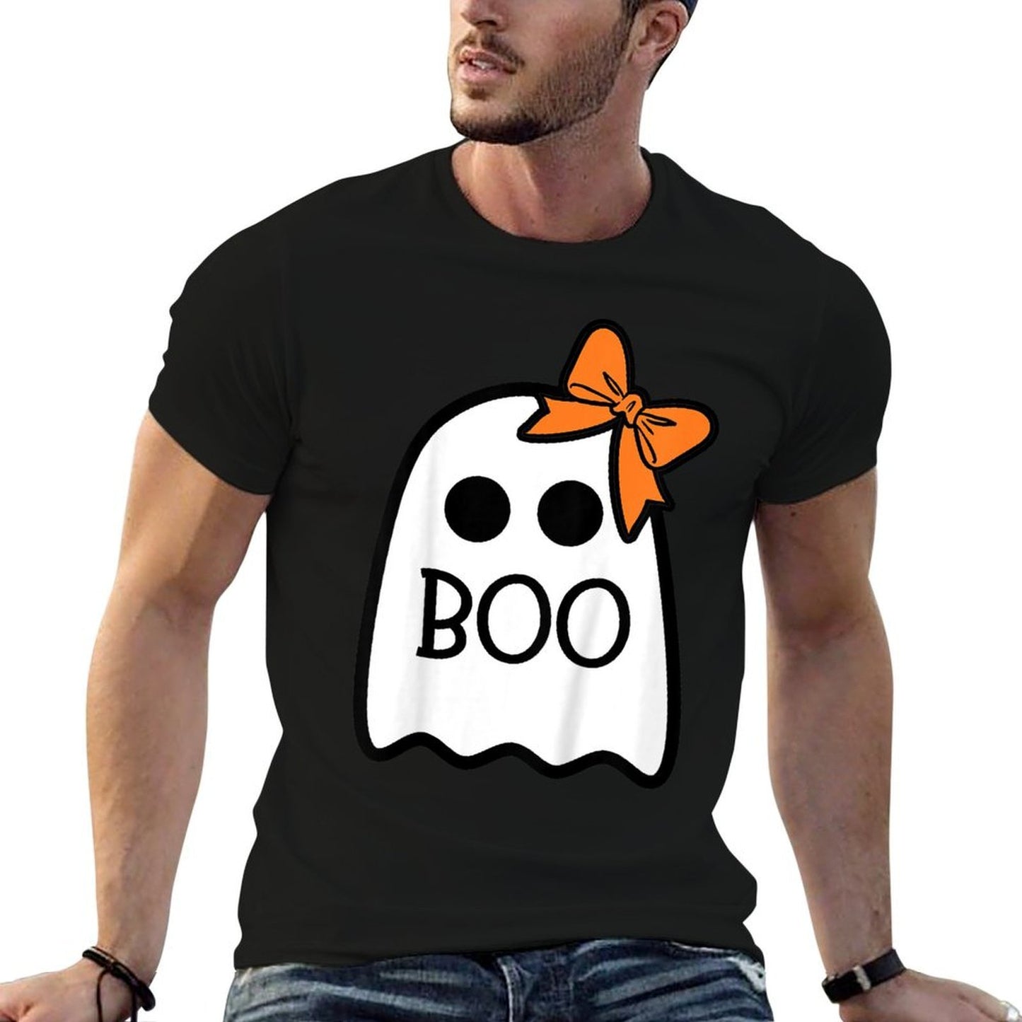 Toddler Ghost with Bow Boo Girls Halloween Ribbed Collar T-Shirt