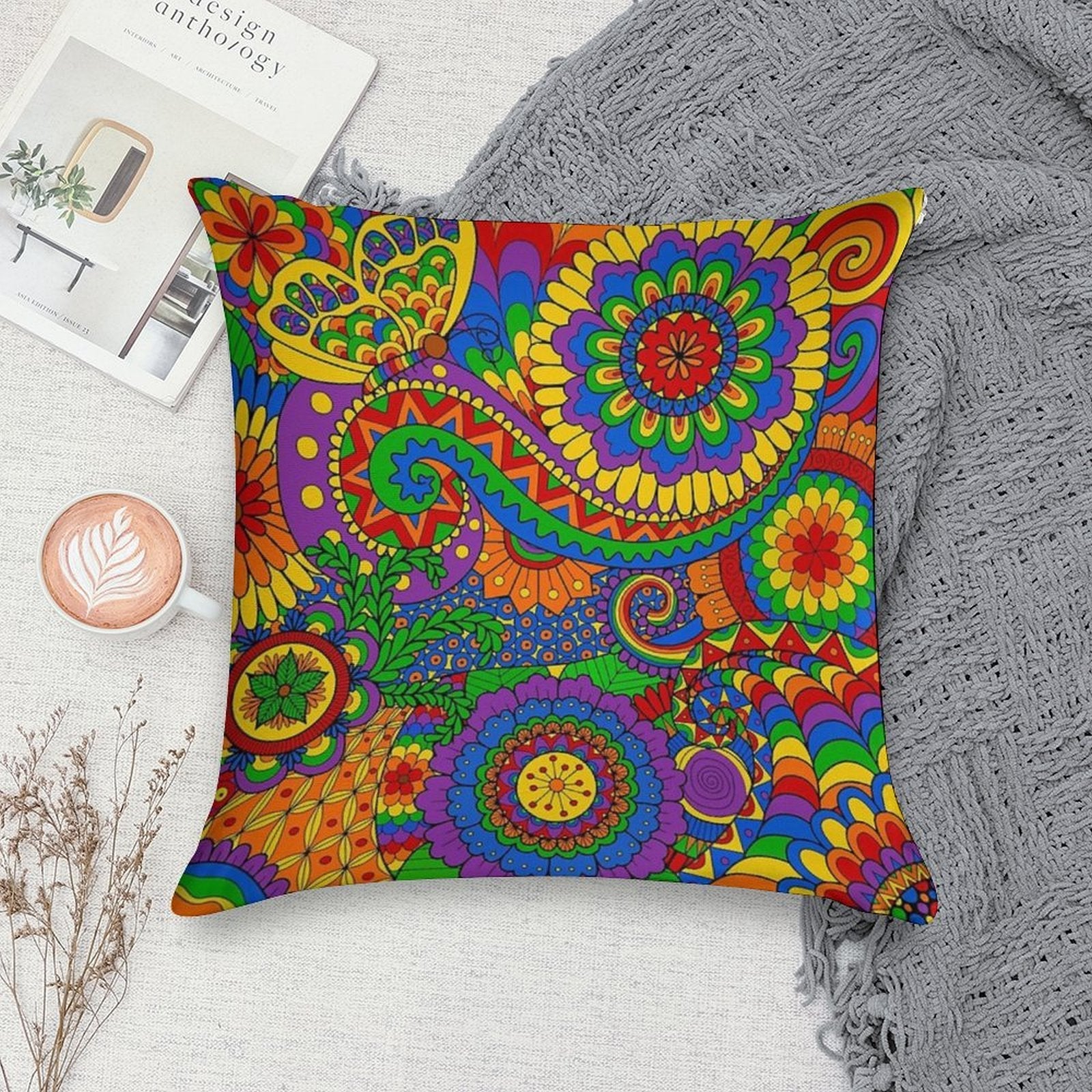 Happy Hippy Psychedelic Rainbow Design Soft Multiple Sizes Throw Pillow