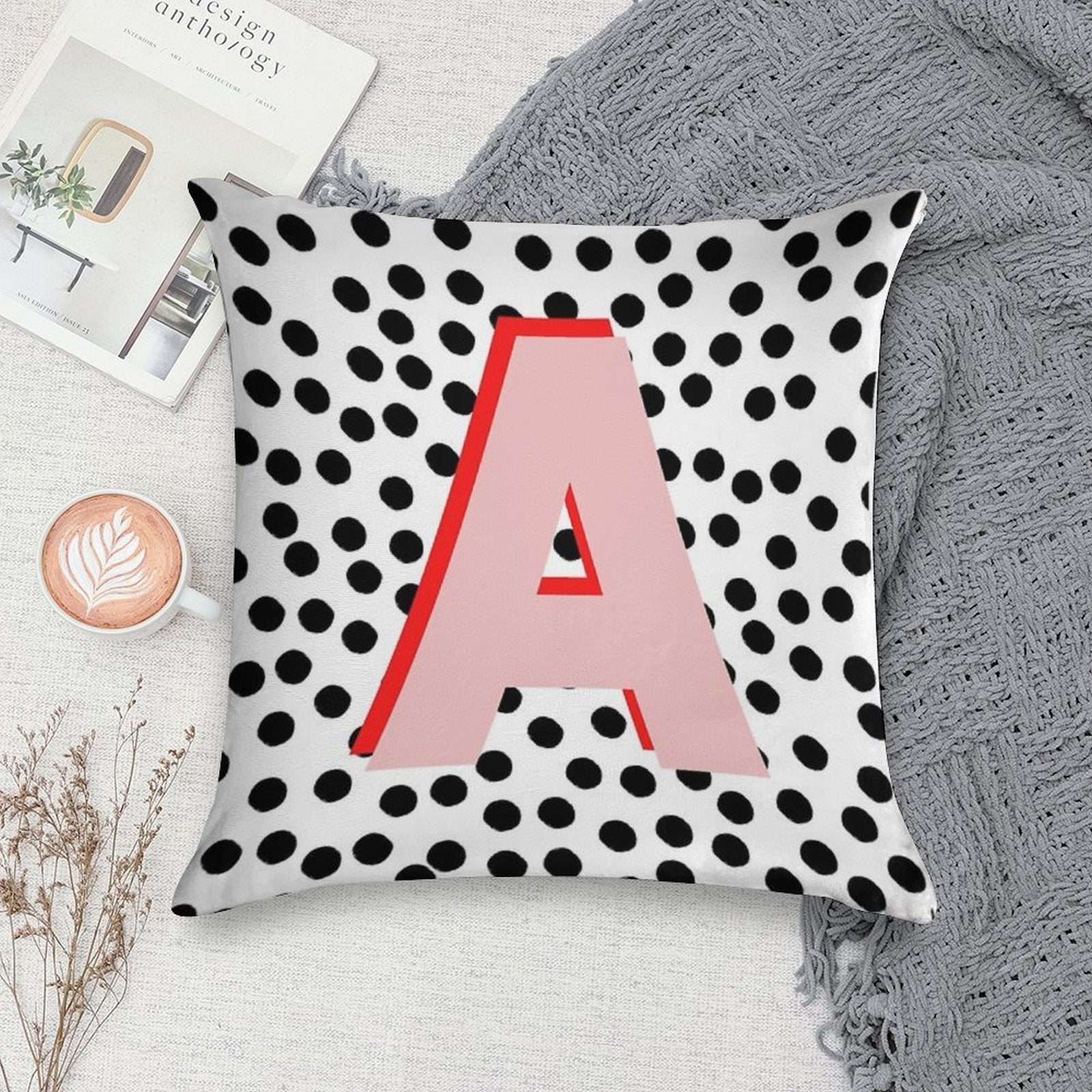 Black & White Dalmatian Print Spots With Pink Letter A Soft Durable Construction Throw Pillow