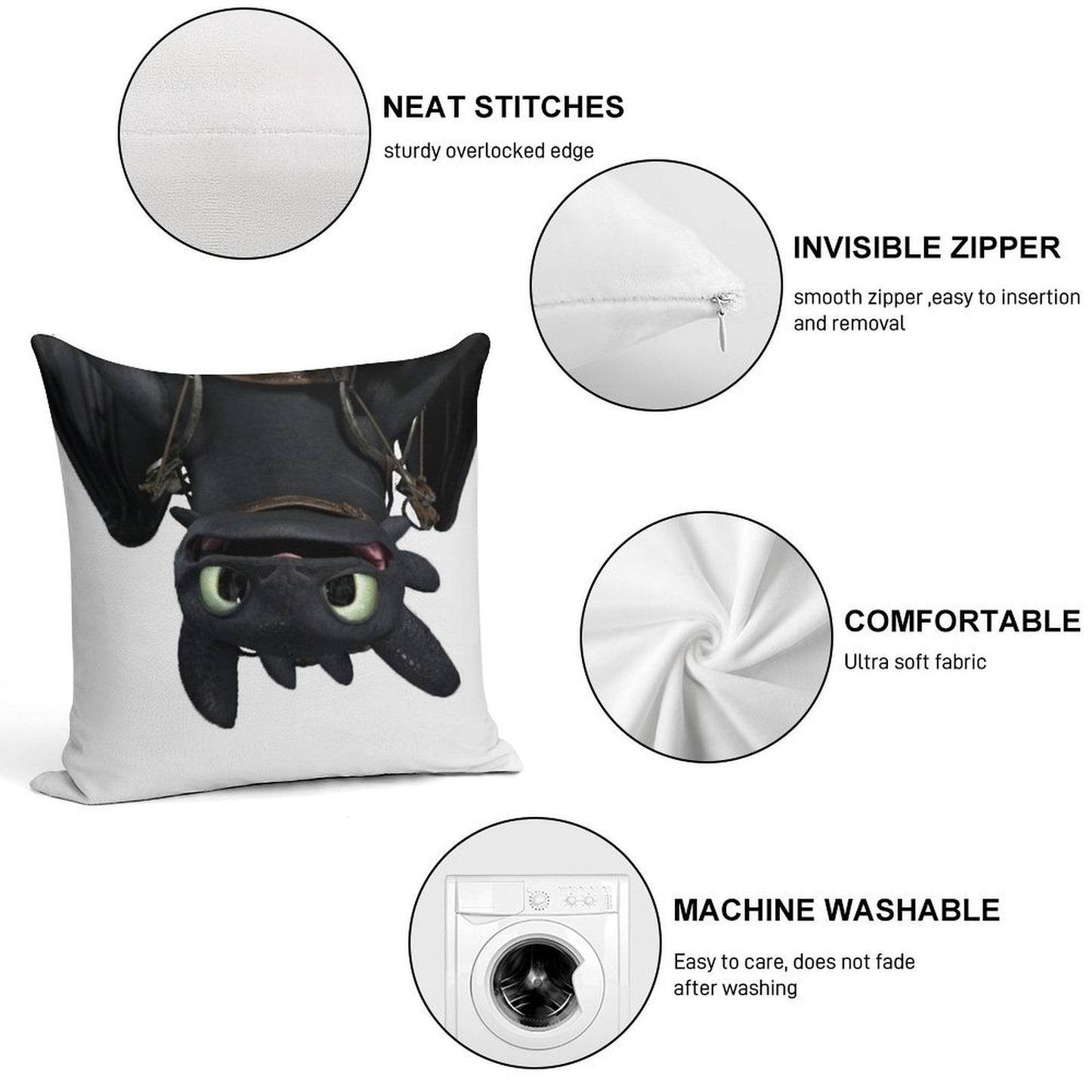 Toothless Soft Hidden Zipper Throw Pillow
