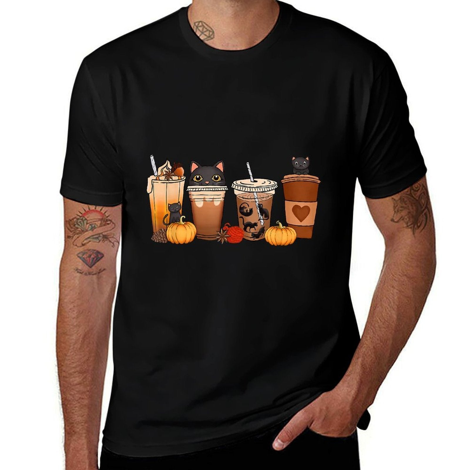 Black Cat Halloween Iced Coffee Cups Fall Pumpkin Kitten Oversized Silhouette T-Shirt