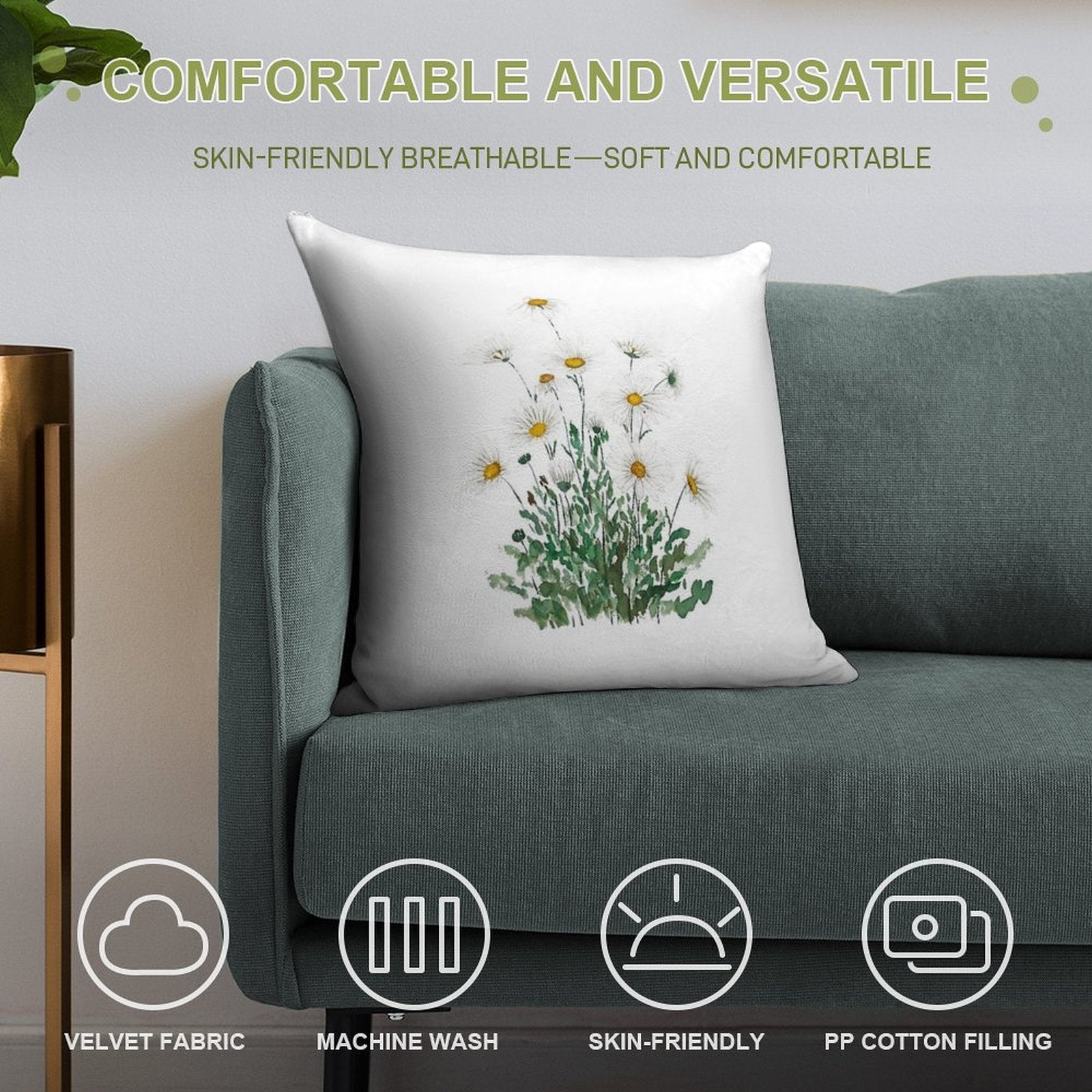 Hand Painted White Margaret Daisy Watercolor Soft Washable Throw Pillow