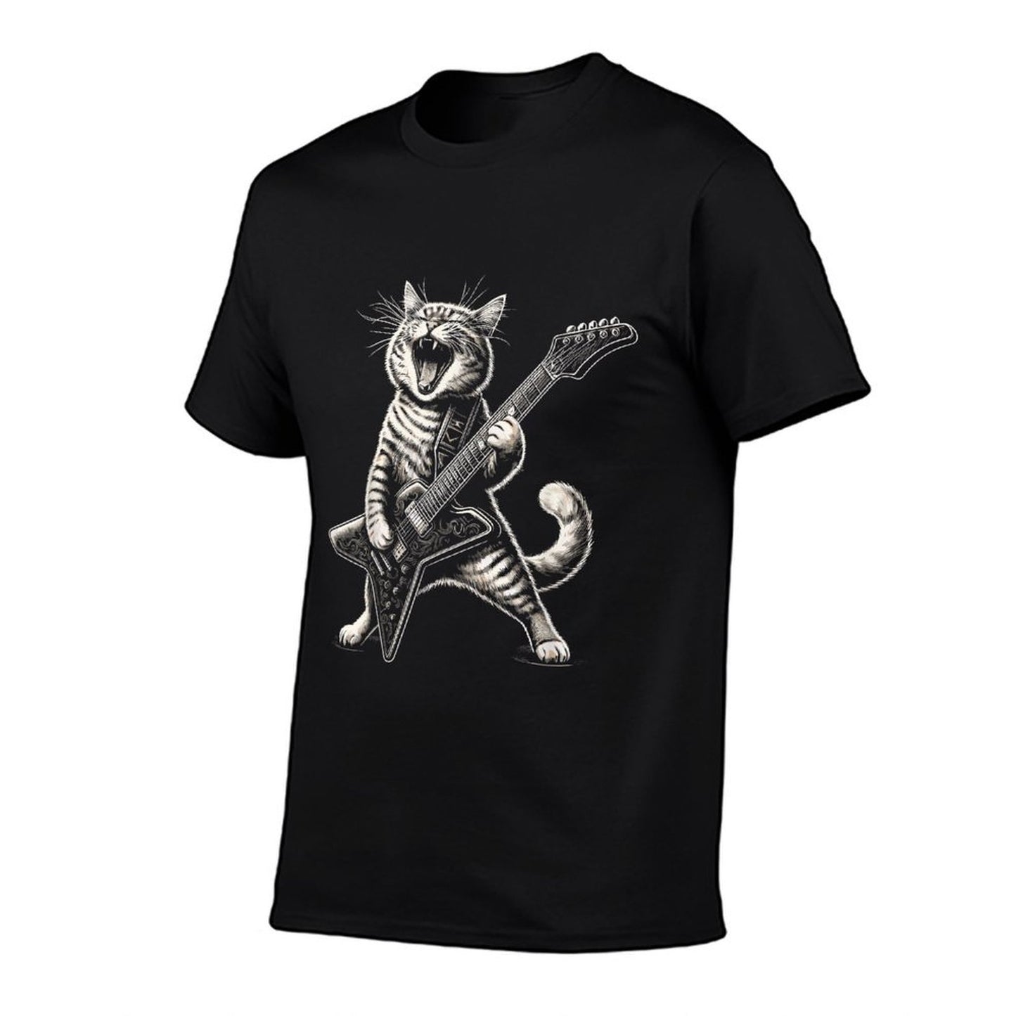 Rock And Roll Cat Playing Guitar Funny Guitar Cat Fade-proof Color T-Shirt