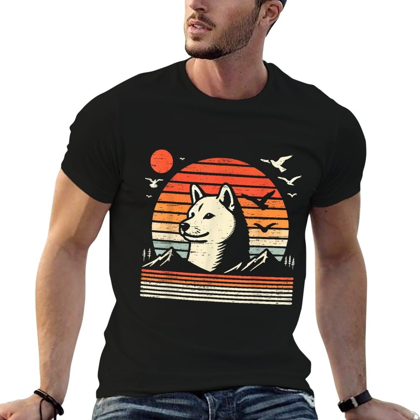 Vintage Shiba Inu Sunset Mountains Birds Moisture-wicking T-Shirt
