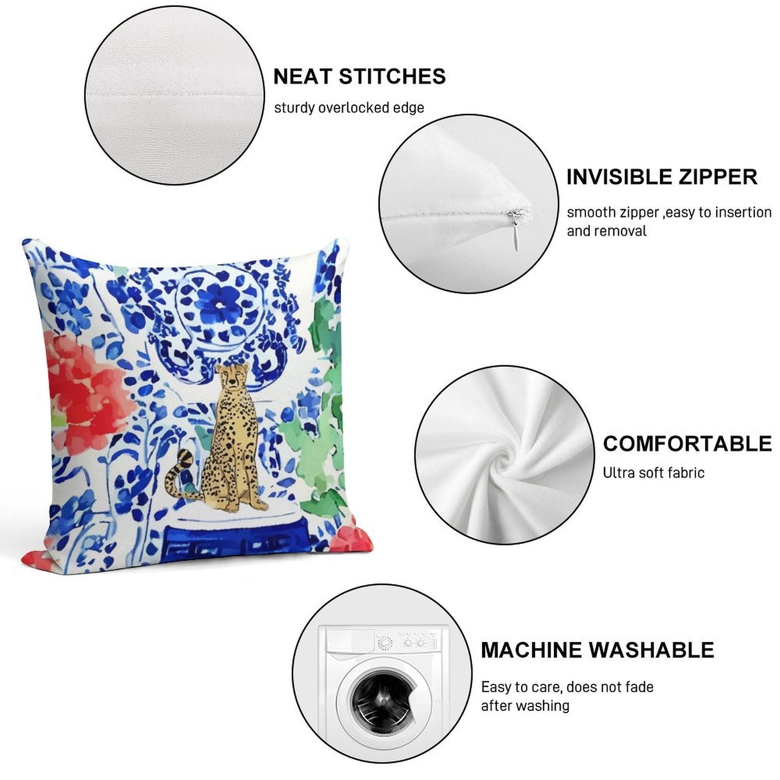 Cheetah And Chinoiserie Jars in Blue And Red Soft Bedroom Essential Throw Pillow