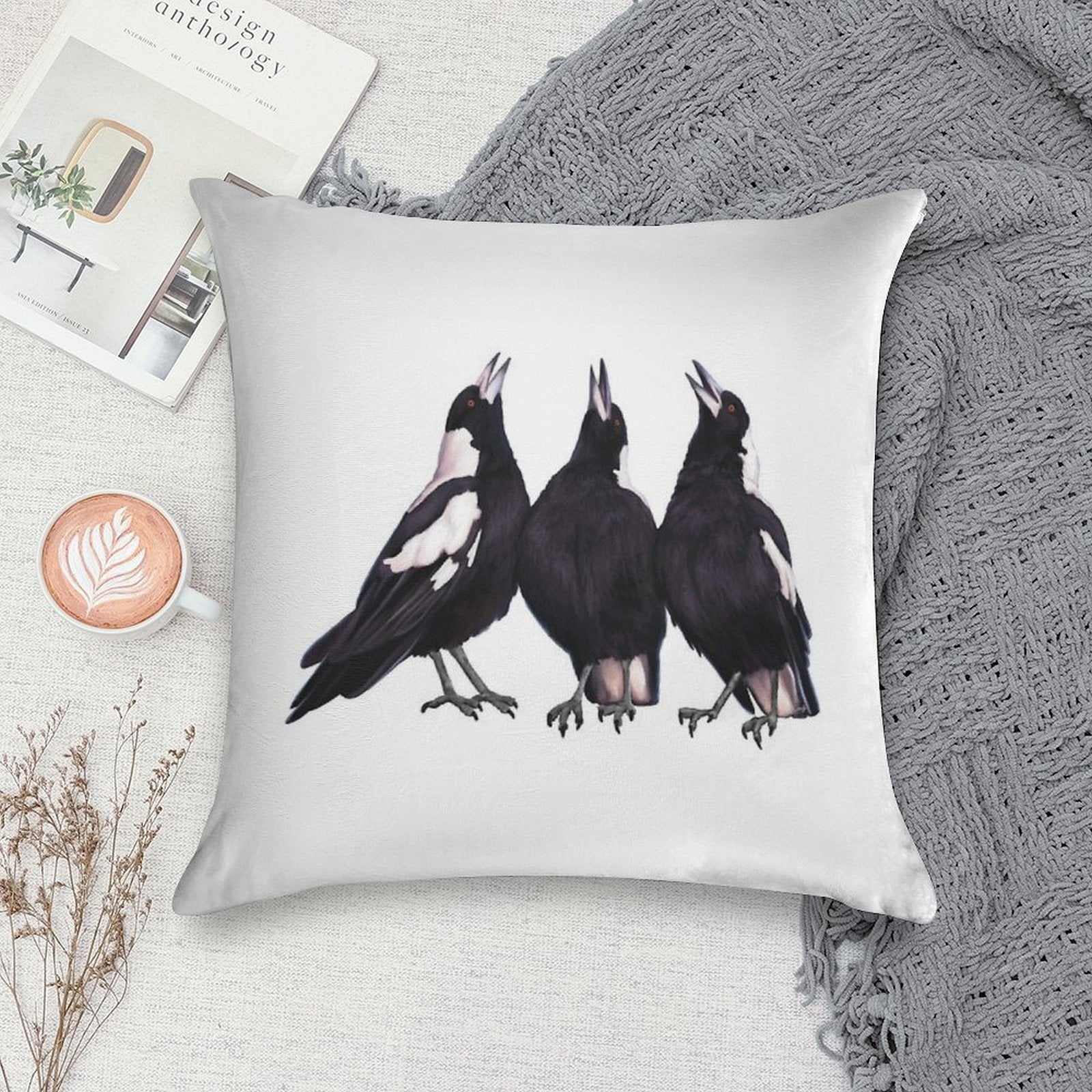Trio of Warbling Magpies. Australian Theme Decor, Original Artwork. Unique Gift. Soft Luxury Feel Throw Pillow