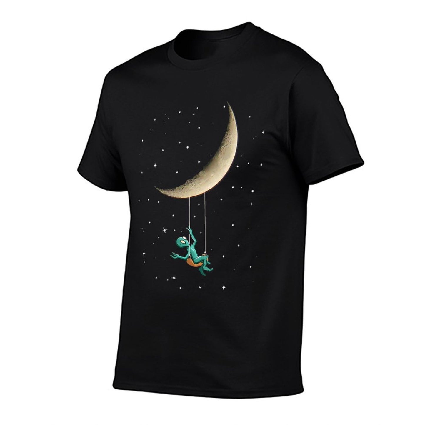 Womens Funny Alien in Space Swinging From The Moon Ribbed Collar T-Shirt