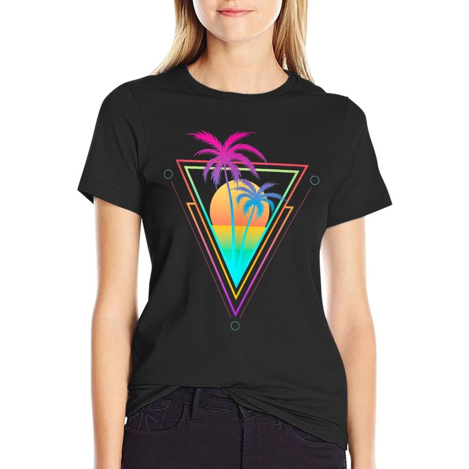 Retro 1980s 1990s Vaporwave Palm Trees Sunset Beach Surf Art  Stretchy T-Shirt