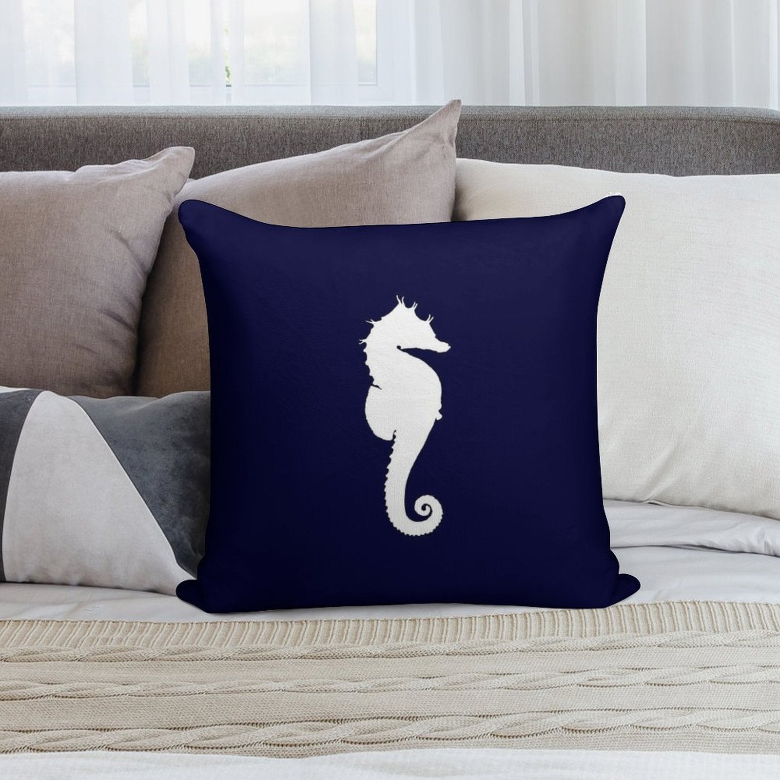 White Seahorse On Navy Blue Soft Easy Maintenance Throw Pillow