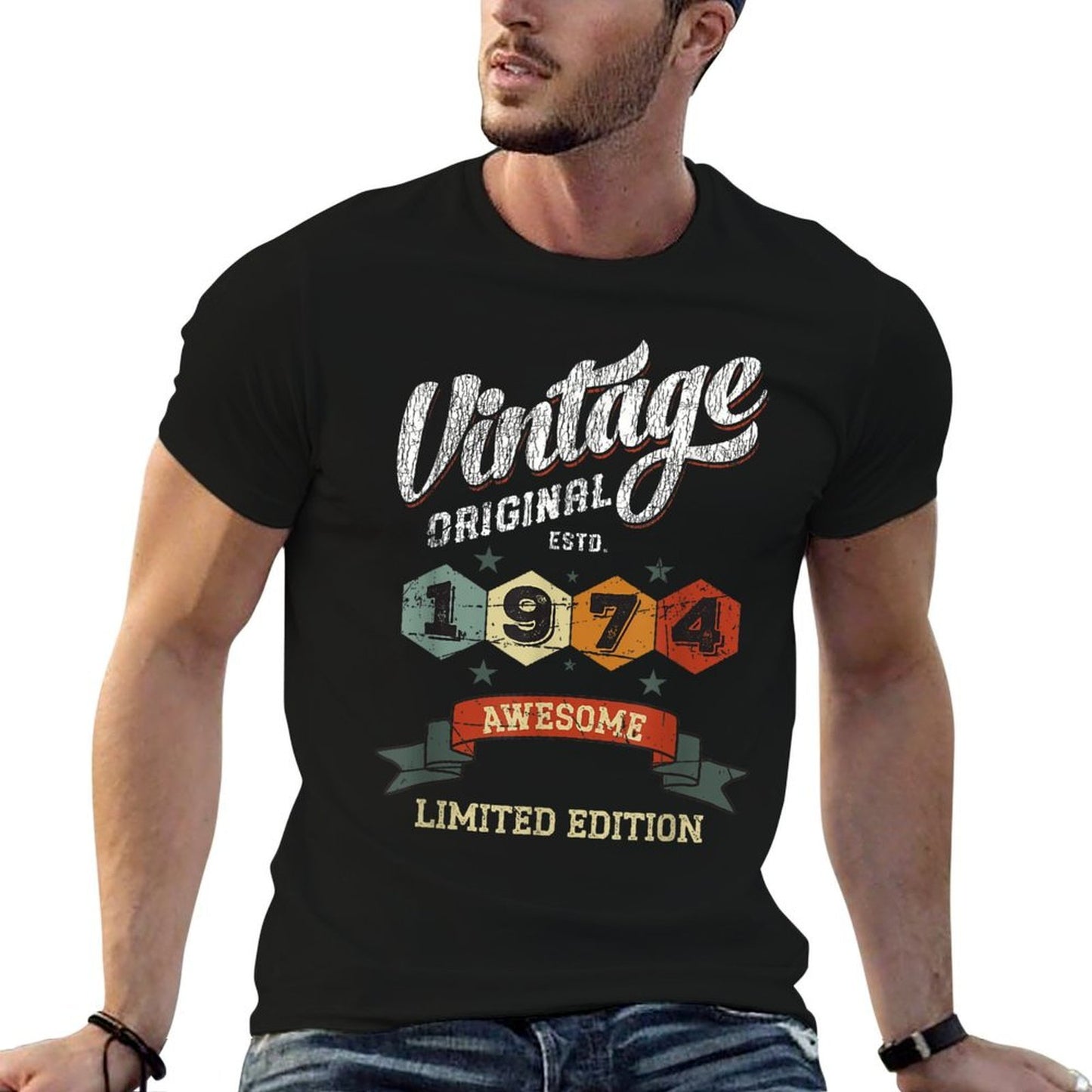 Vintage 50 Year Old Bday Original 1974 Awesome 50th Birthday Ribbed Collar T-Shirt