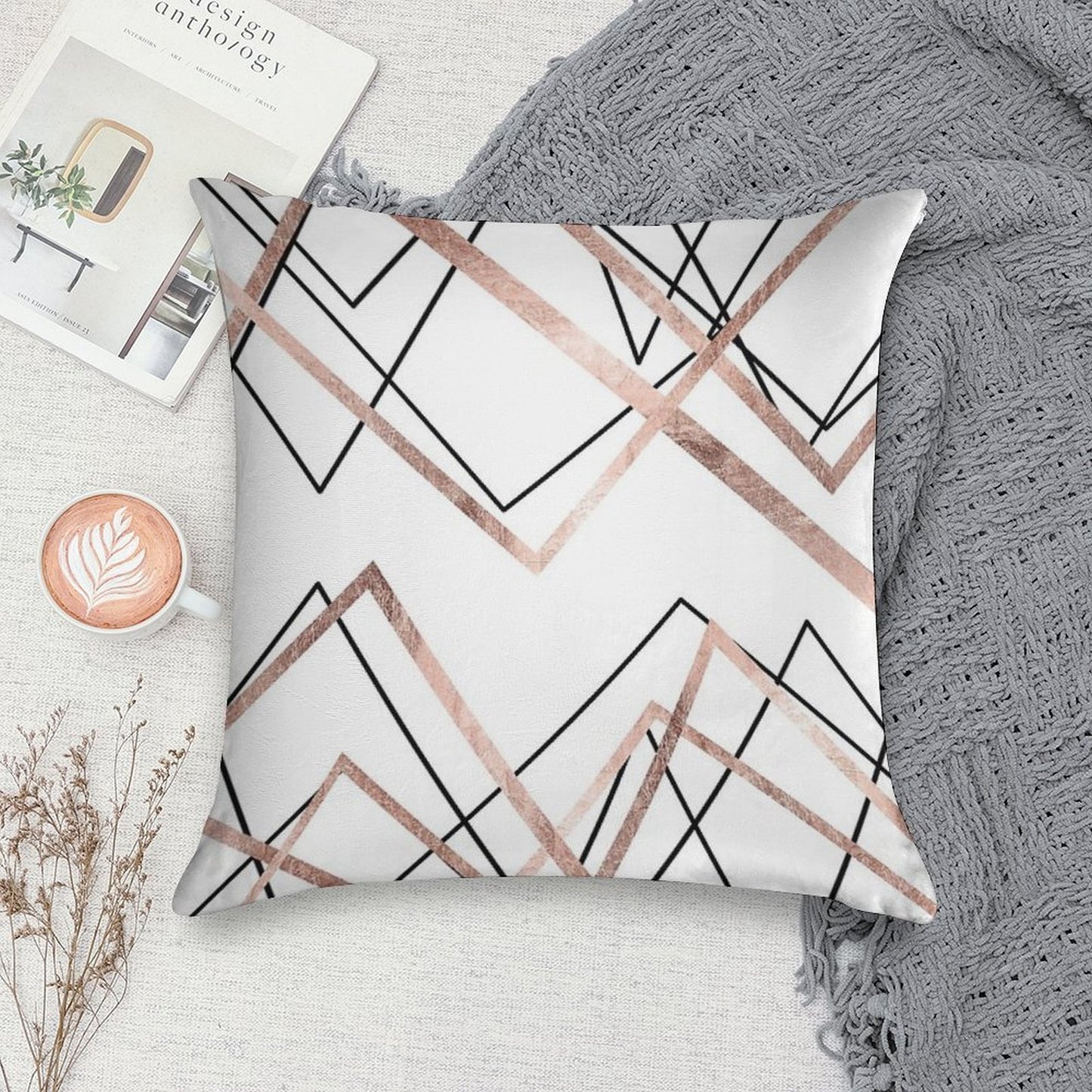 Rose Gold White Linear Triangle Abstract Pattern Soft Ultra-Soft Texture Throw Pillow