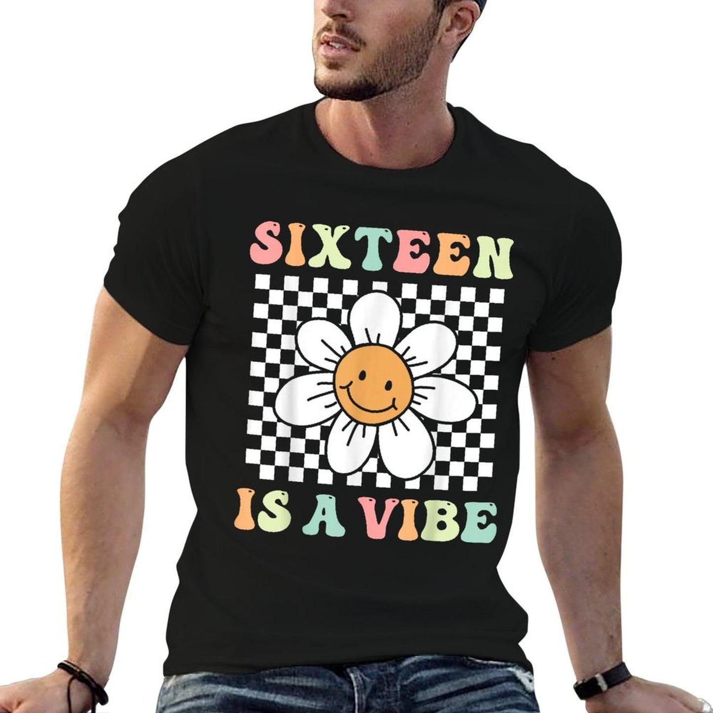 Sixteen Is A Vibe Groovy 16th Birthday Party Daisy Flower Fade-proof Color T-Shirt