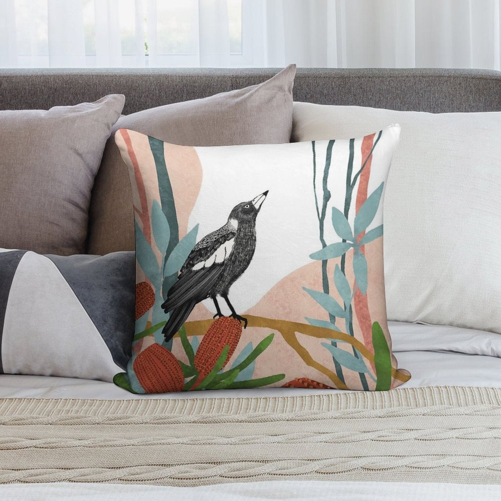 Australian Magpie Amongst Banksia Flowers Soft Durable Construction Throw Pillow