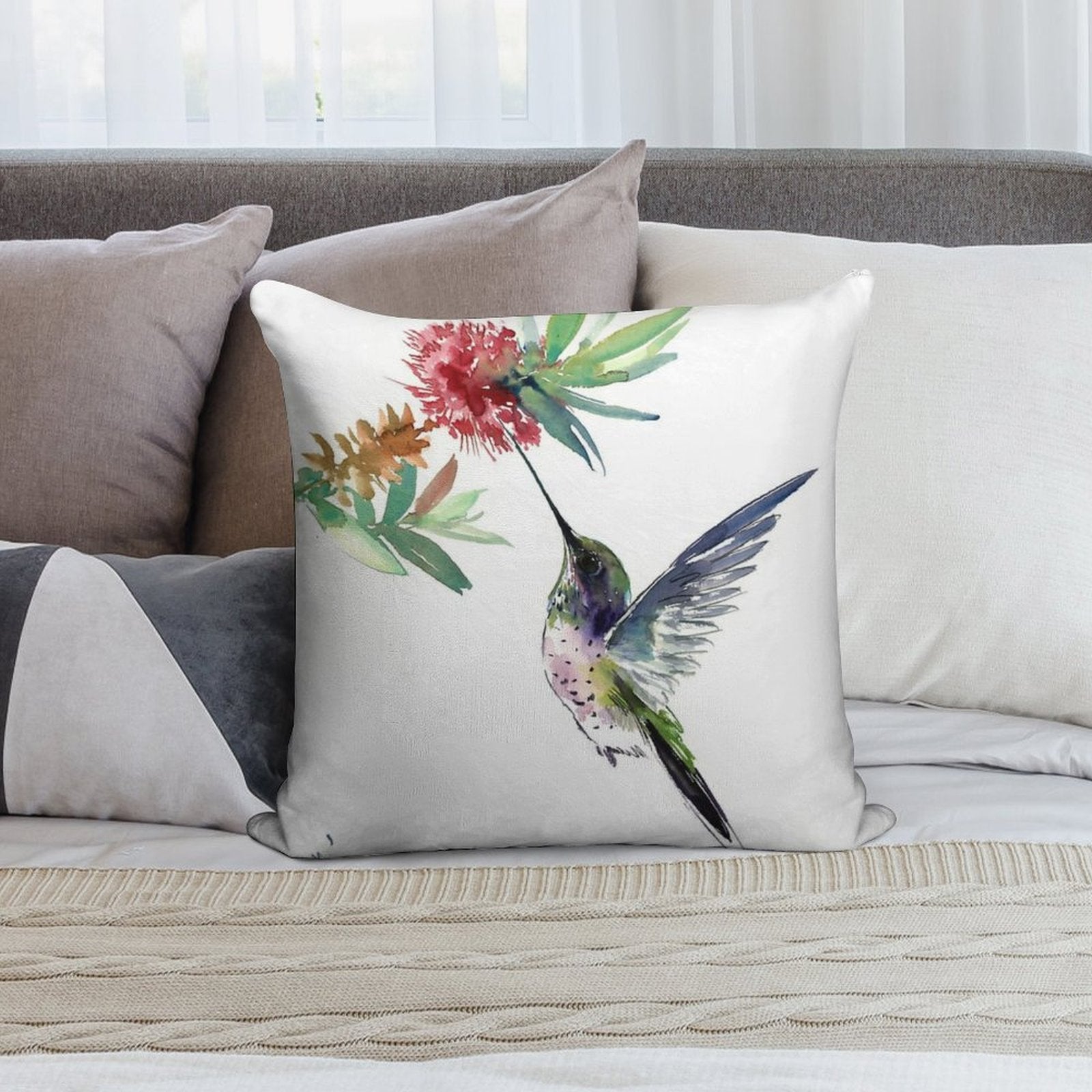 Hummingbird And Flower Soft Fade-Resistant Throw Pillow