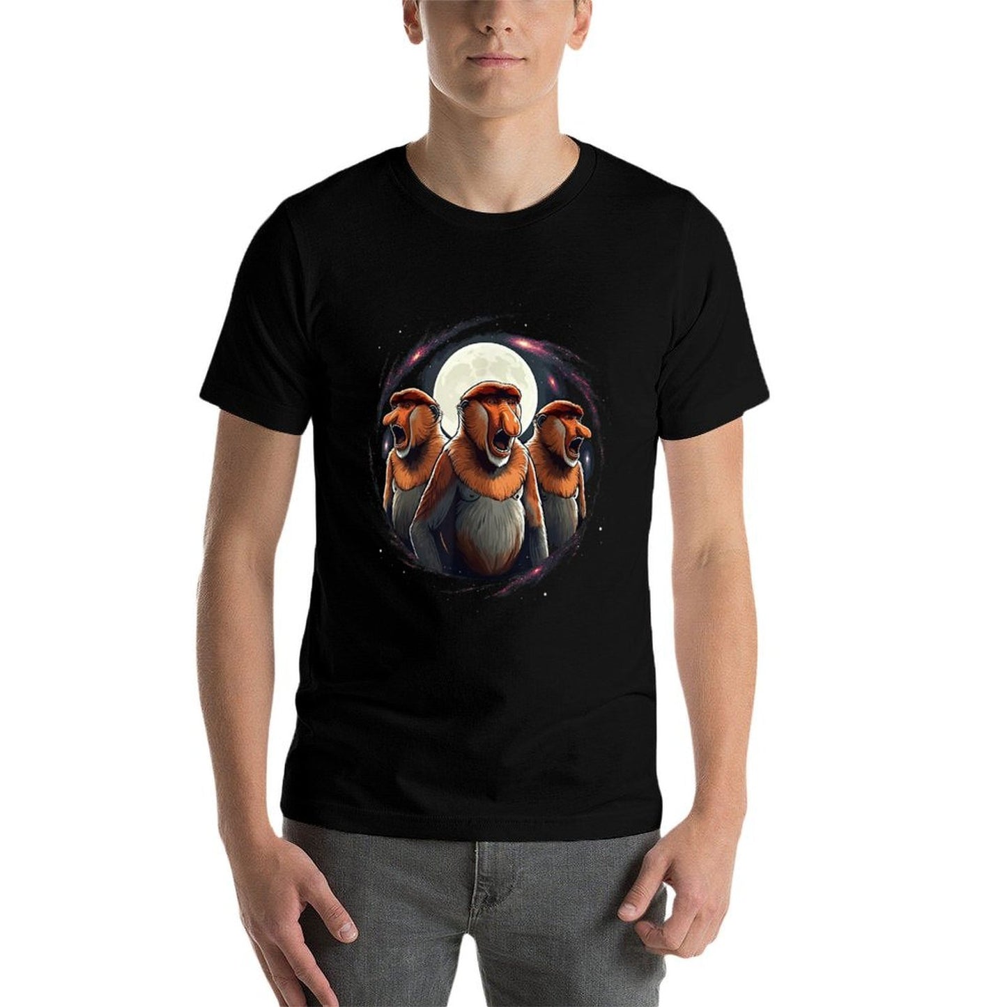 3 Proboscis Monkeys Moon Howling Funny Meme Men Women Kids Relaxed-fit T-Shirt