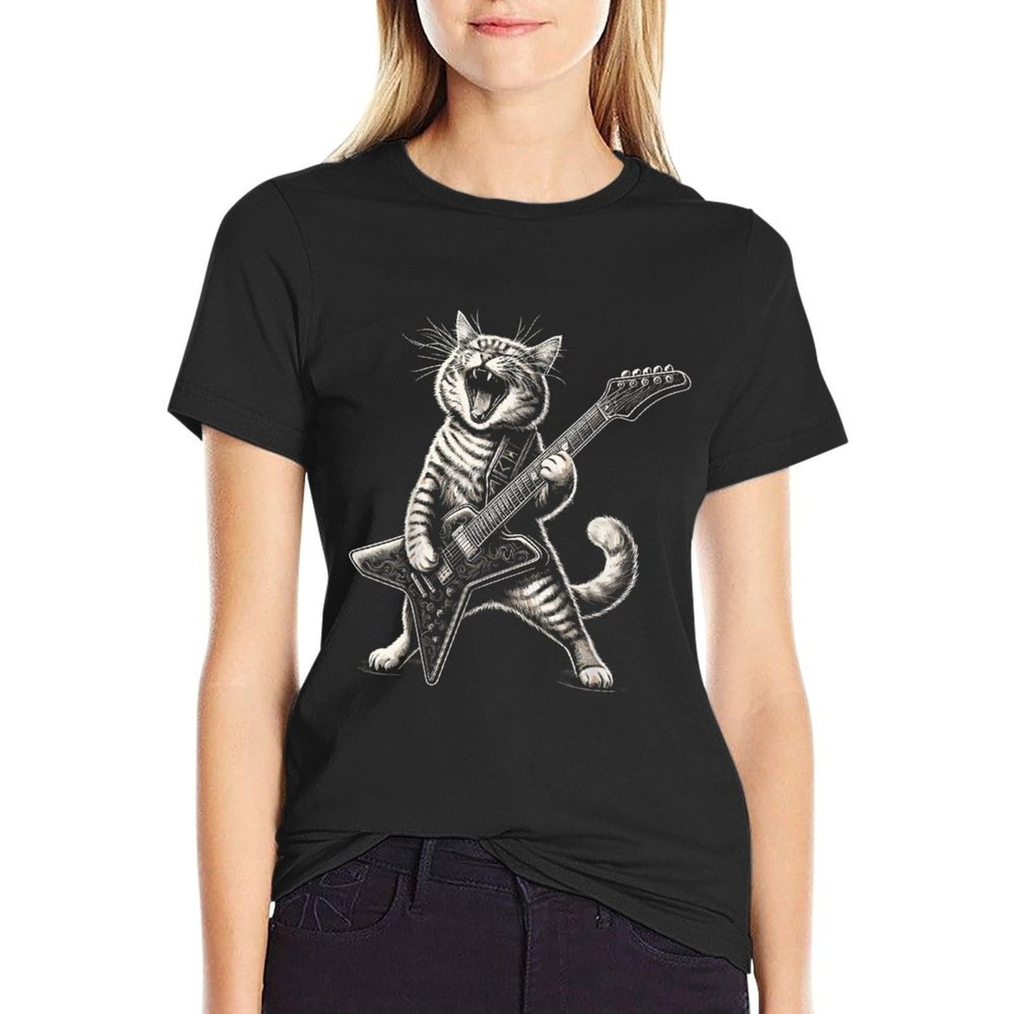 Rock And Roll Cat Playing Guitar Funny Guitar Cat Fade-proof Color T-Shirt