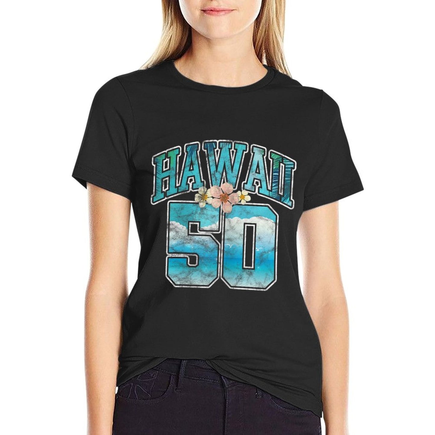 Womens Hawaii 50 50th Birthday Hawaiian Aloha Beach Hibiscus Grunge Breathable T-Shirt