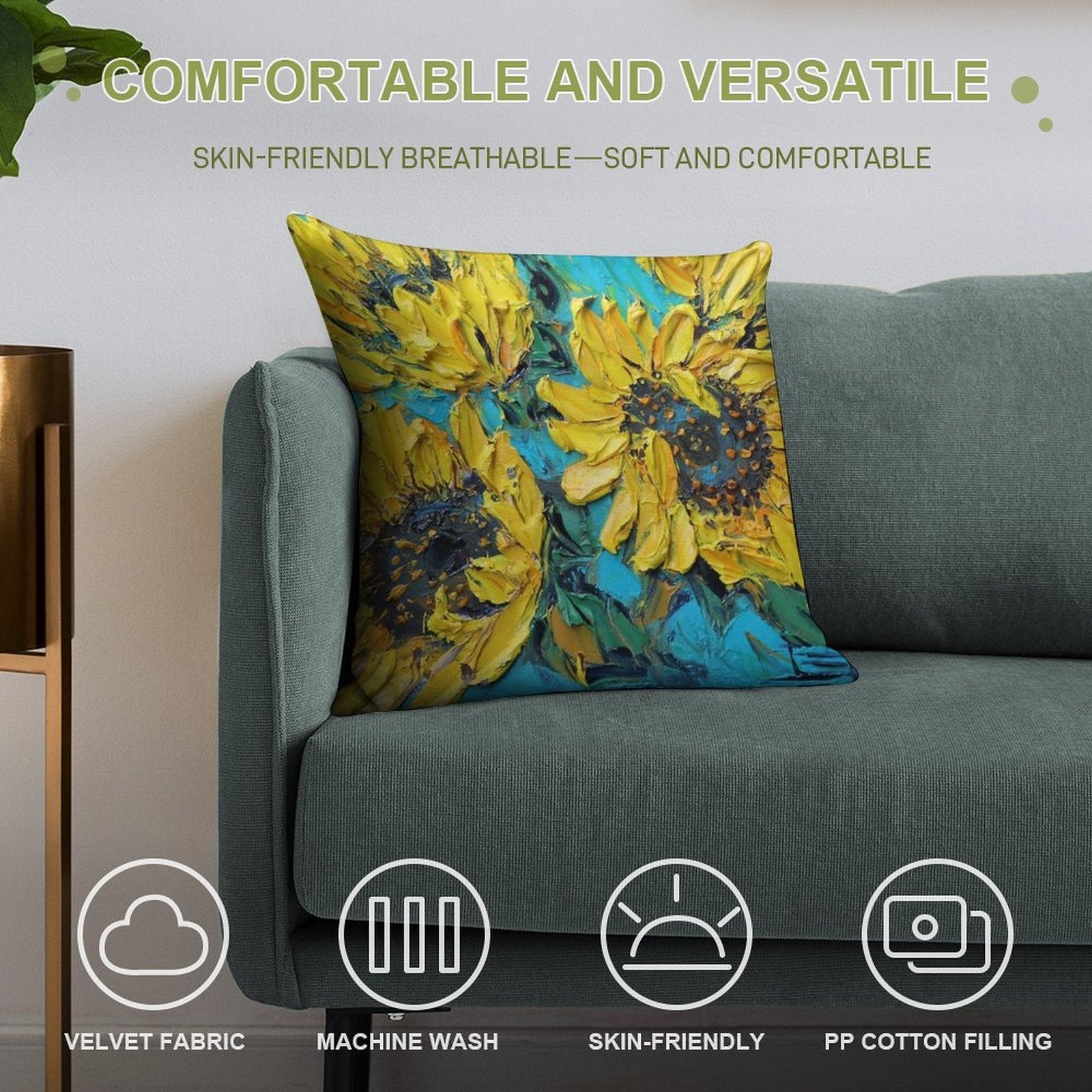 Van Gogh Inspired Sunflowers with Yellow And Turquoise Soft High-Density Material Throw Pillow