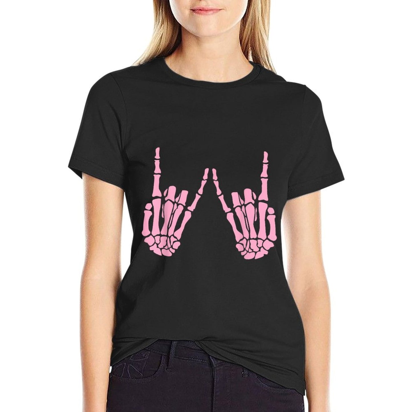 Skeleton Pink Rocker Hands Gothic Halloween Rock Music Polyester Blend T-Shirt