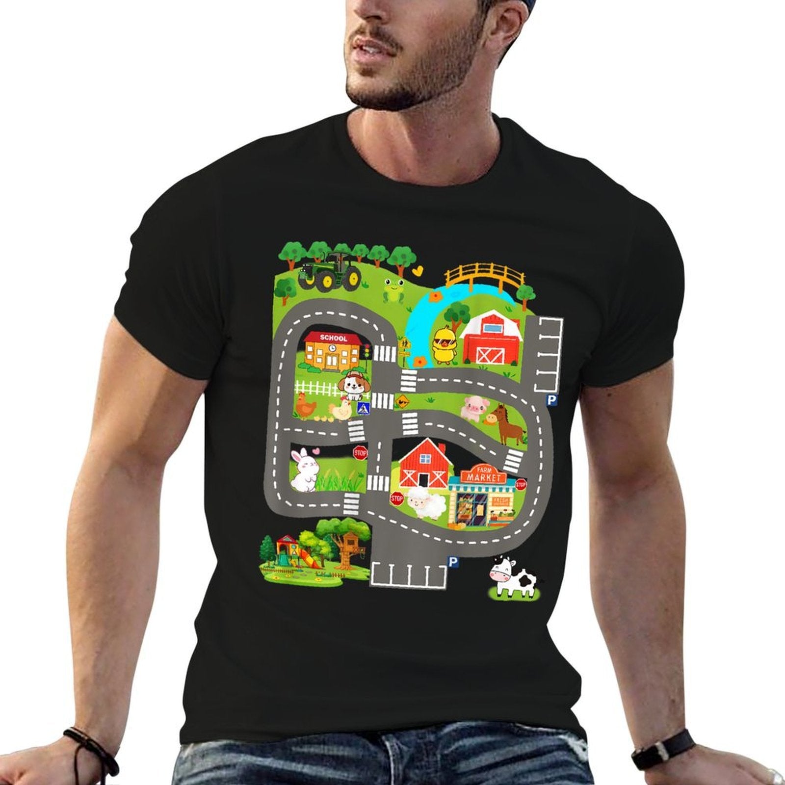 Kids Play Cars on Dads Back Farm Animals Fathers Day Race  Eco-friendly Material T-Shirt