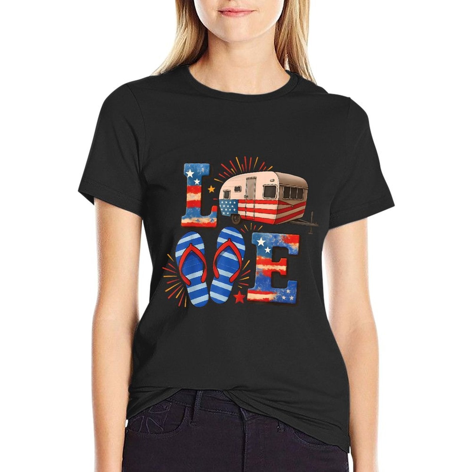 4th July Funny Camper Van USA Patriotic Camping Lovers  Oversized Silhouette T-Shirt