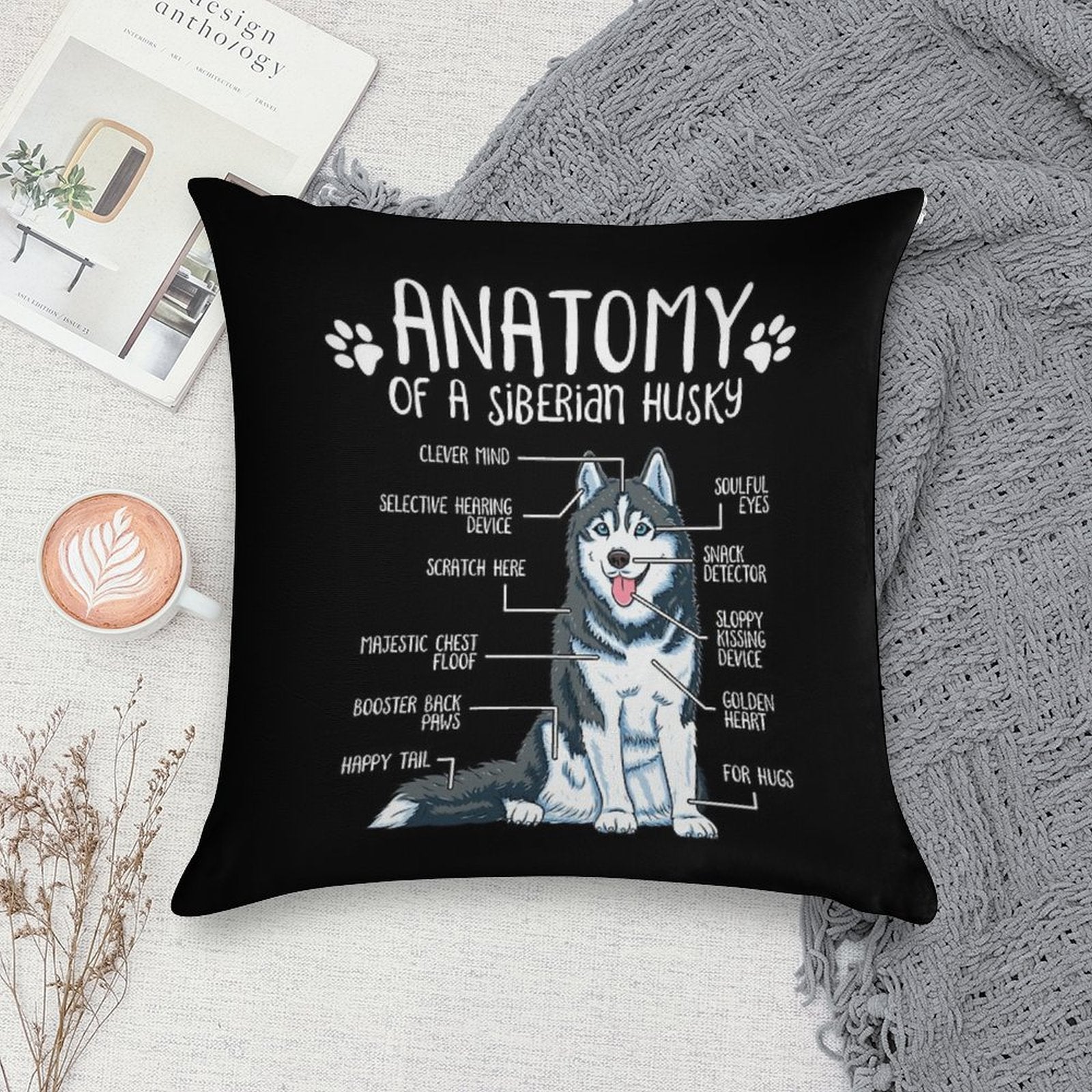 Funny Siberian Husky Anatomy Dog Owner Dog Lover Soft Durable Construction Throw Pillow