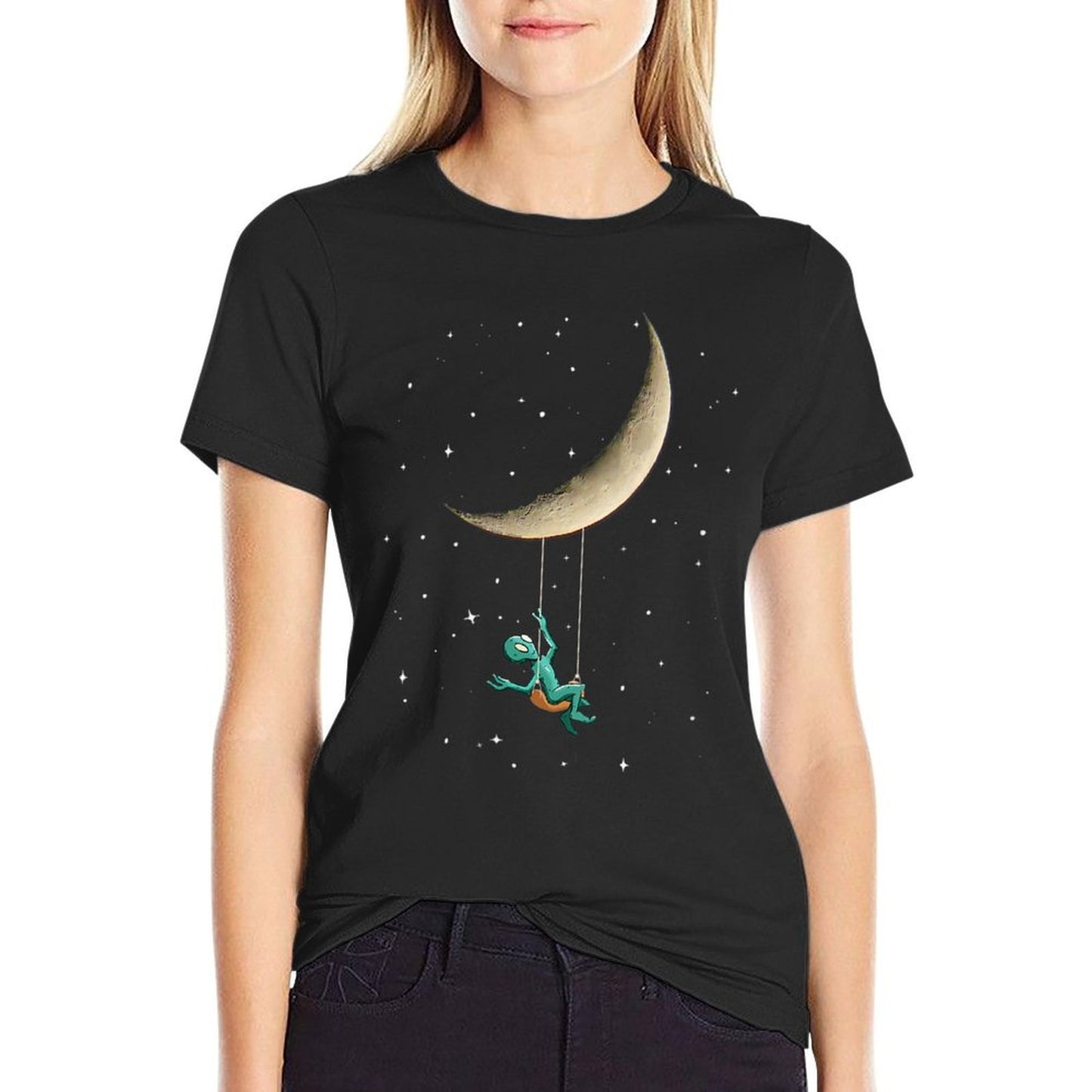 Womens Funny Alien in Space Swinging From The Moon Ribbed Collar T-Shirt