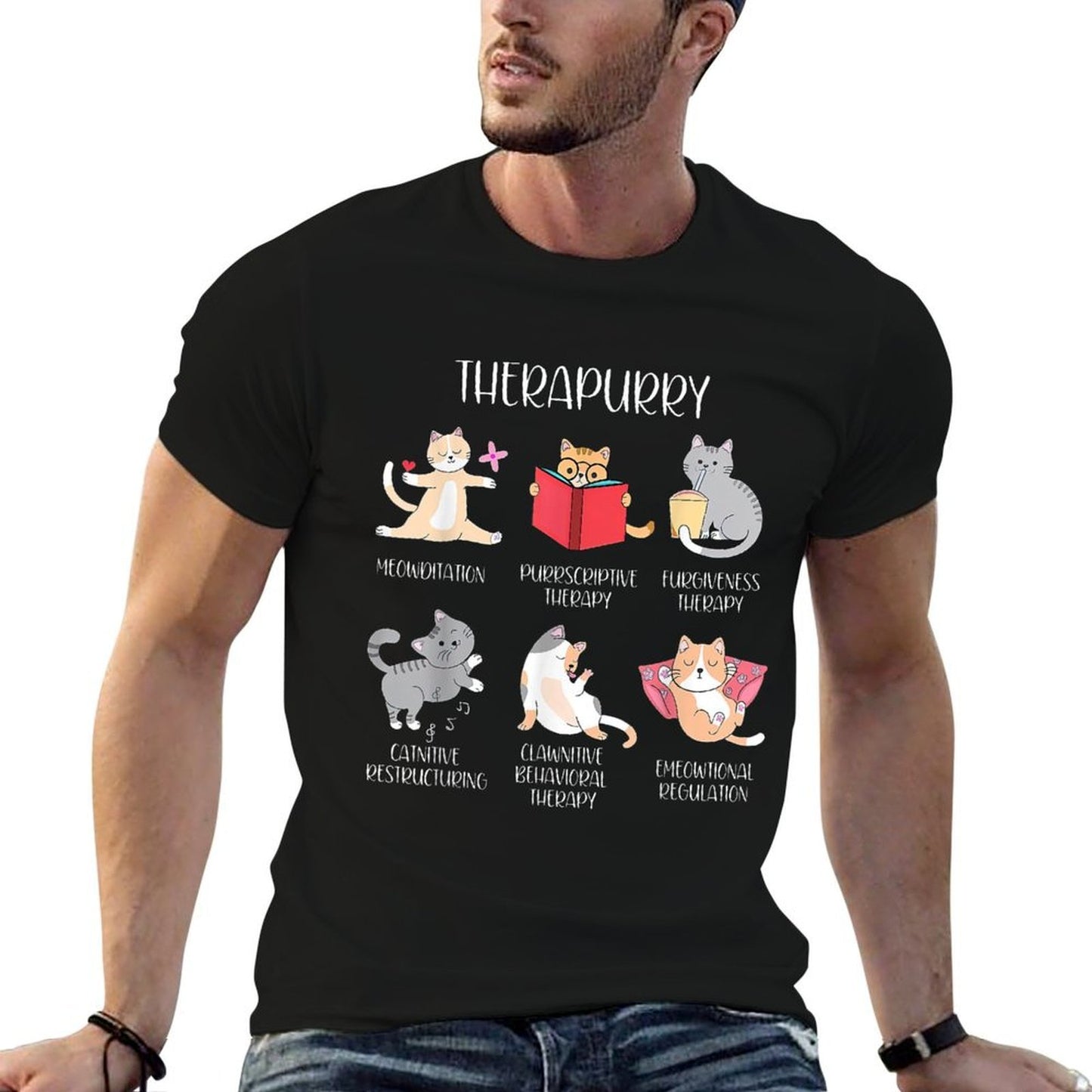 Therapurry Funny Cat Lover Therapy Cat Puns Mental Health Rolled Sleeves T-Shirt