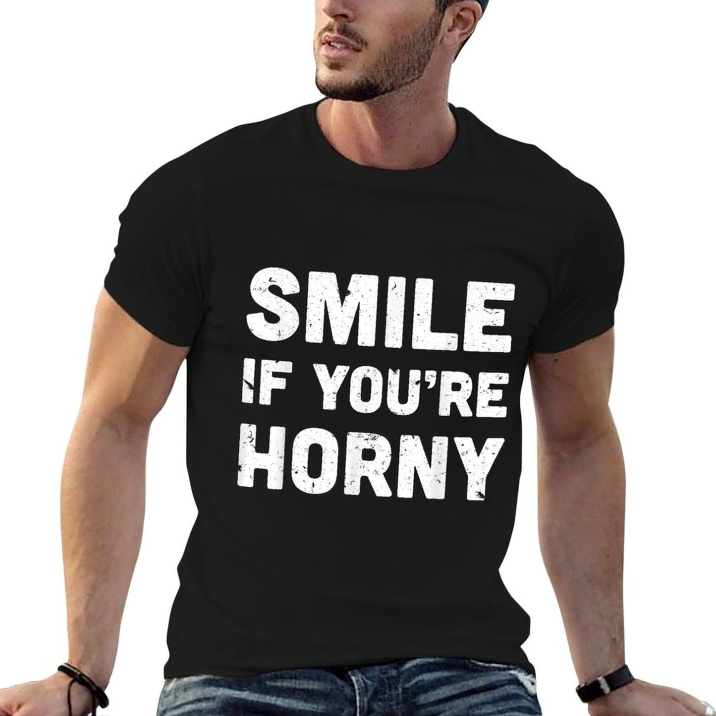 Smile If Youre Horny Funny Adult Gag Gift Rolled Sleeves T-Shirt