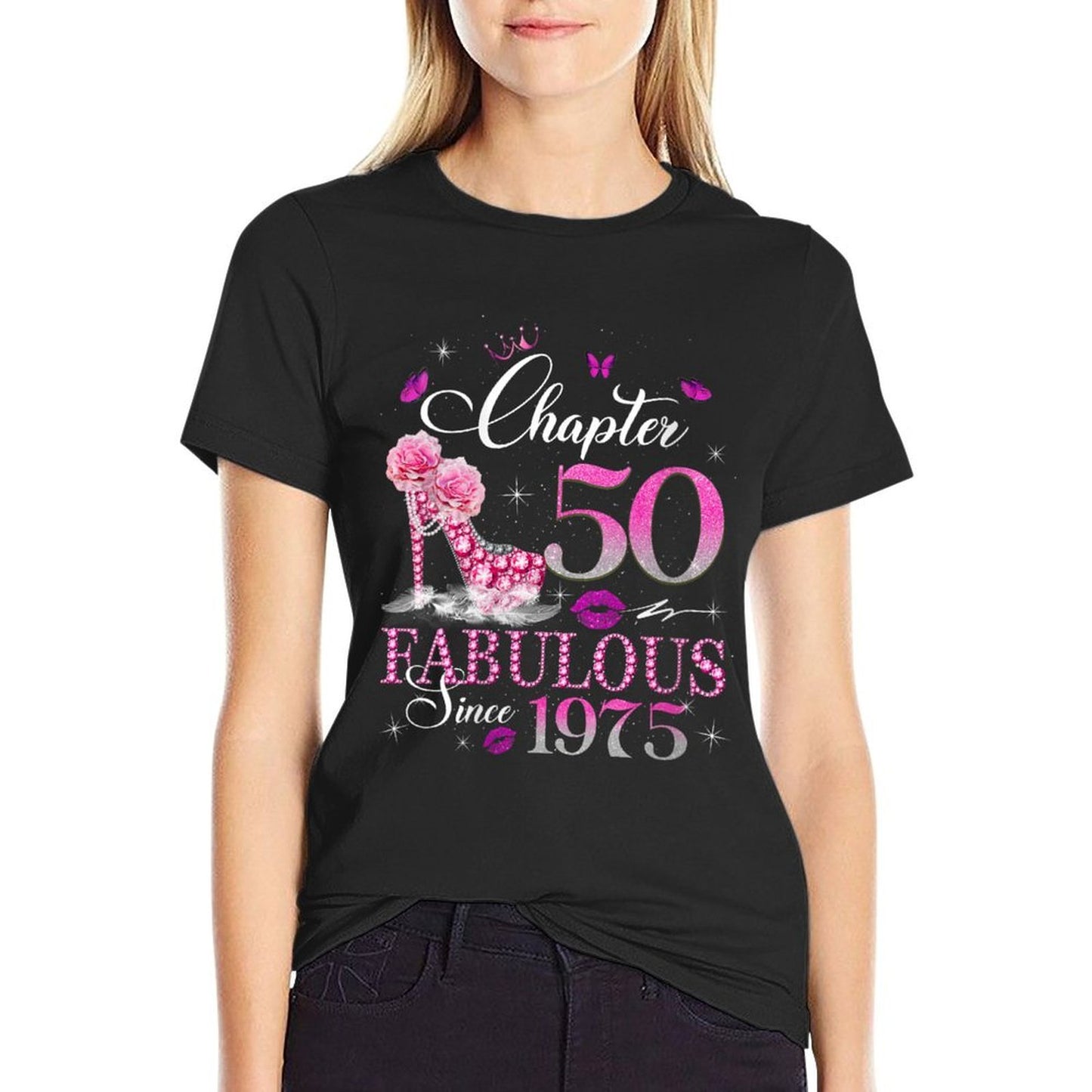 Womens Chapter 50 Fabulous Since 1975 50th Birthday Queen Diamond Heathered Texture T-Shirt