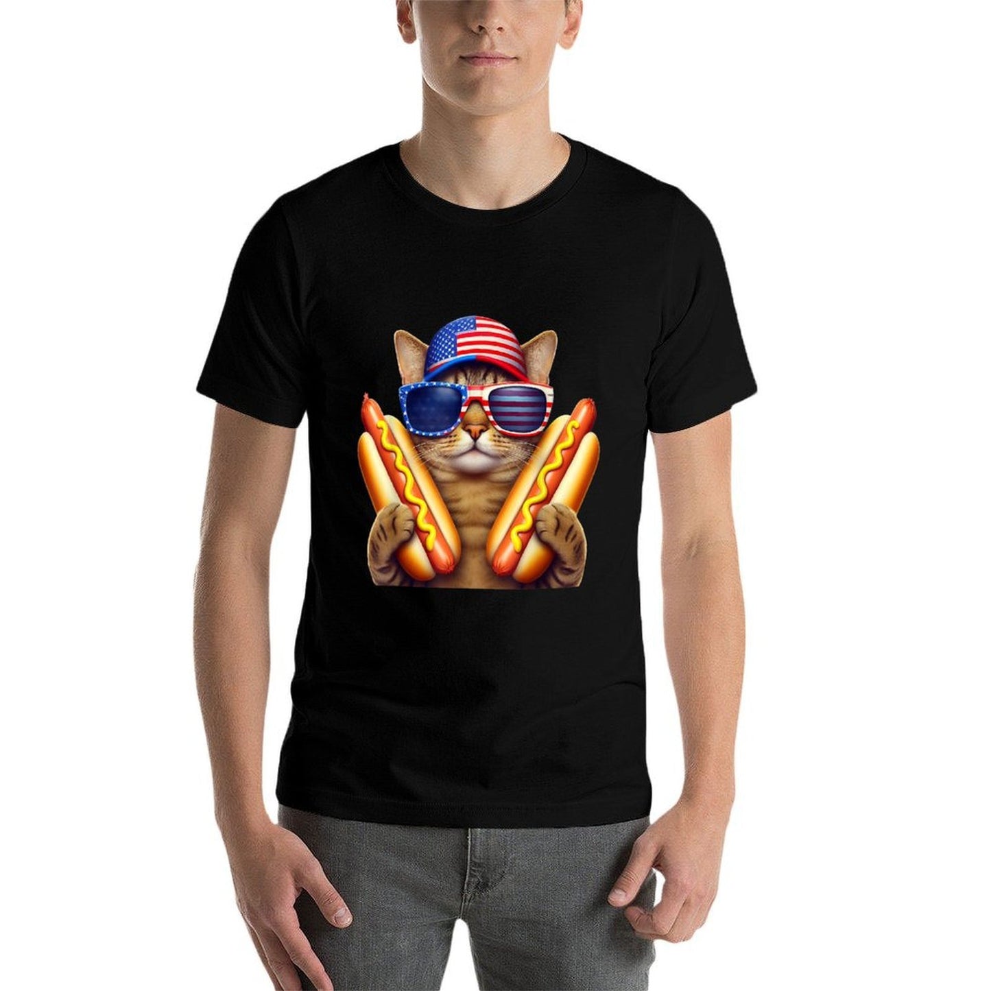 4th of July Hotdog Cat Funny Patriotic Cat USA Wiener  Polyester Blend T-Shirt