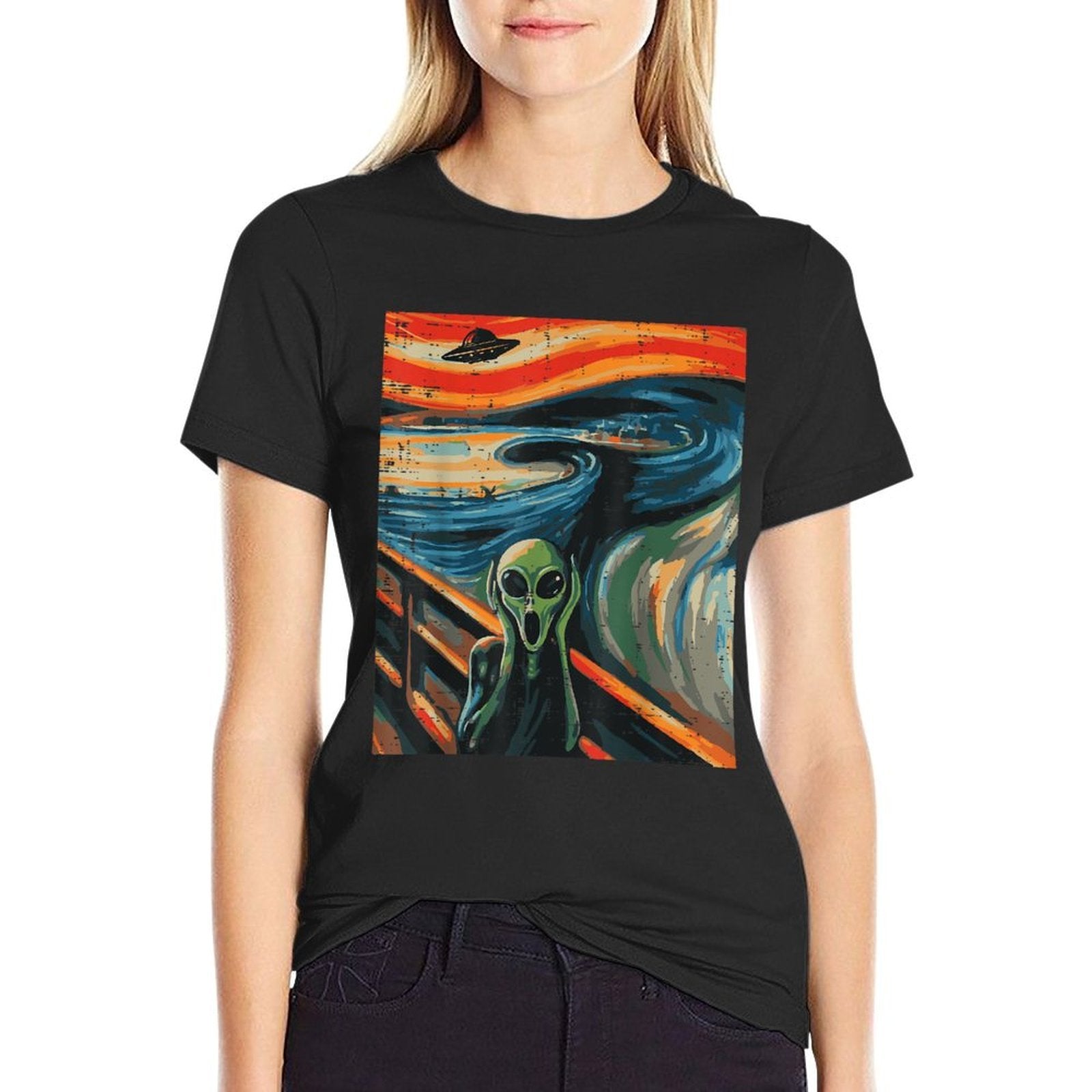 Alien Scream Painting Funny UFO Space Art Women Men Kids  Fade-proof Color T-Shirt