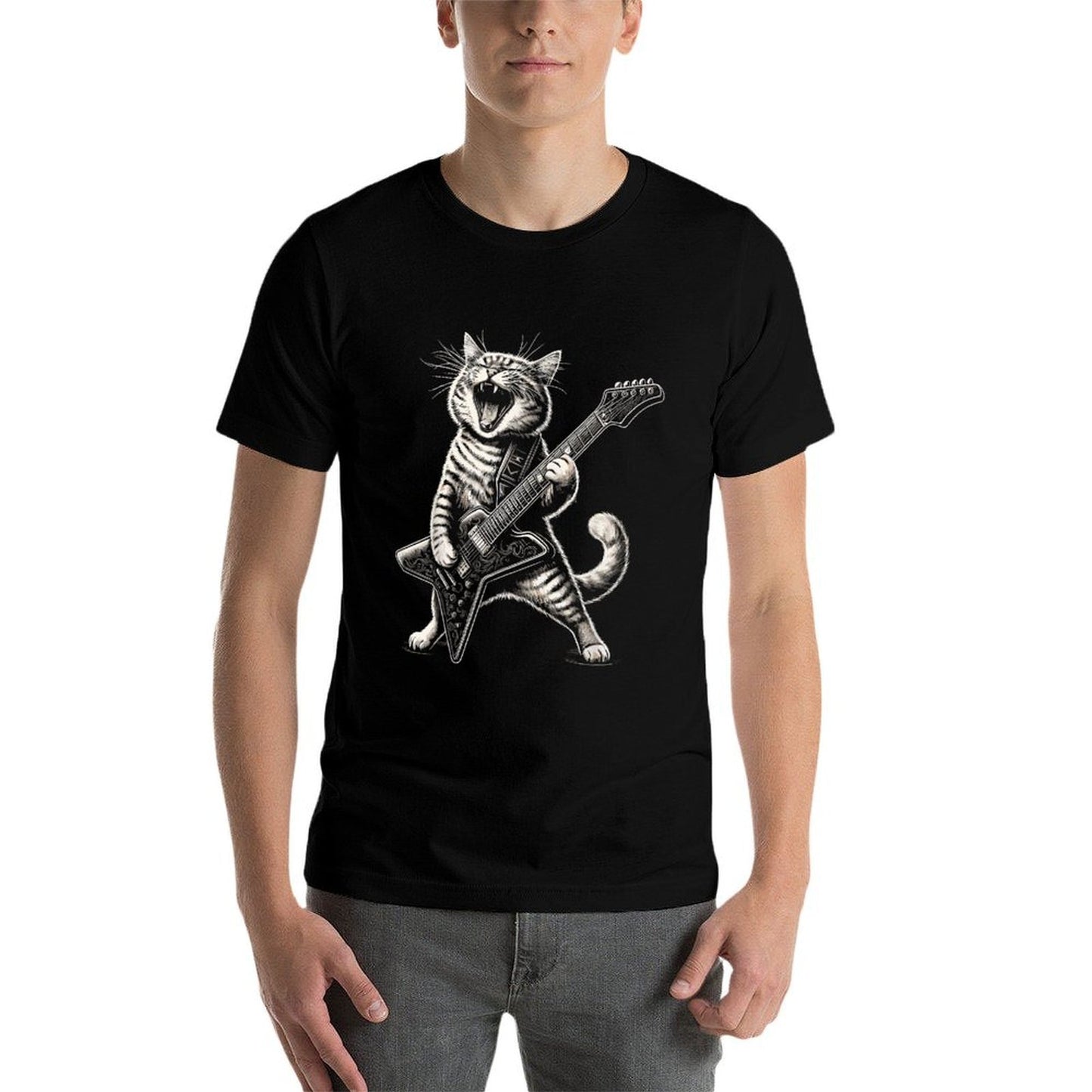 Rock And Roll Cat Playing Guitar Funny Guitar Cat Fade-proof Color T-Shirt
