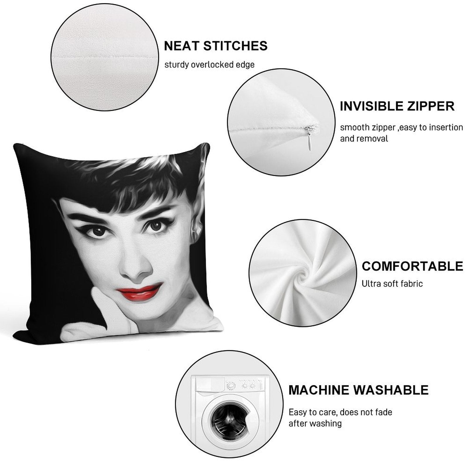 Audrey Hepburn Lips Soft Short Plush Fabric Throw Pillow
