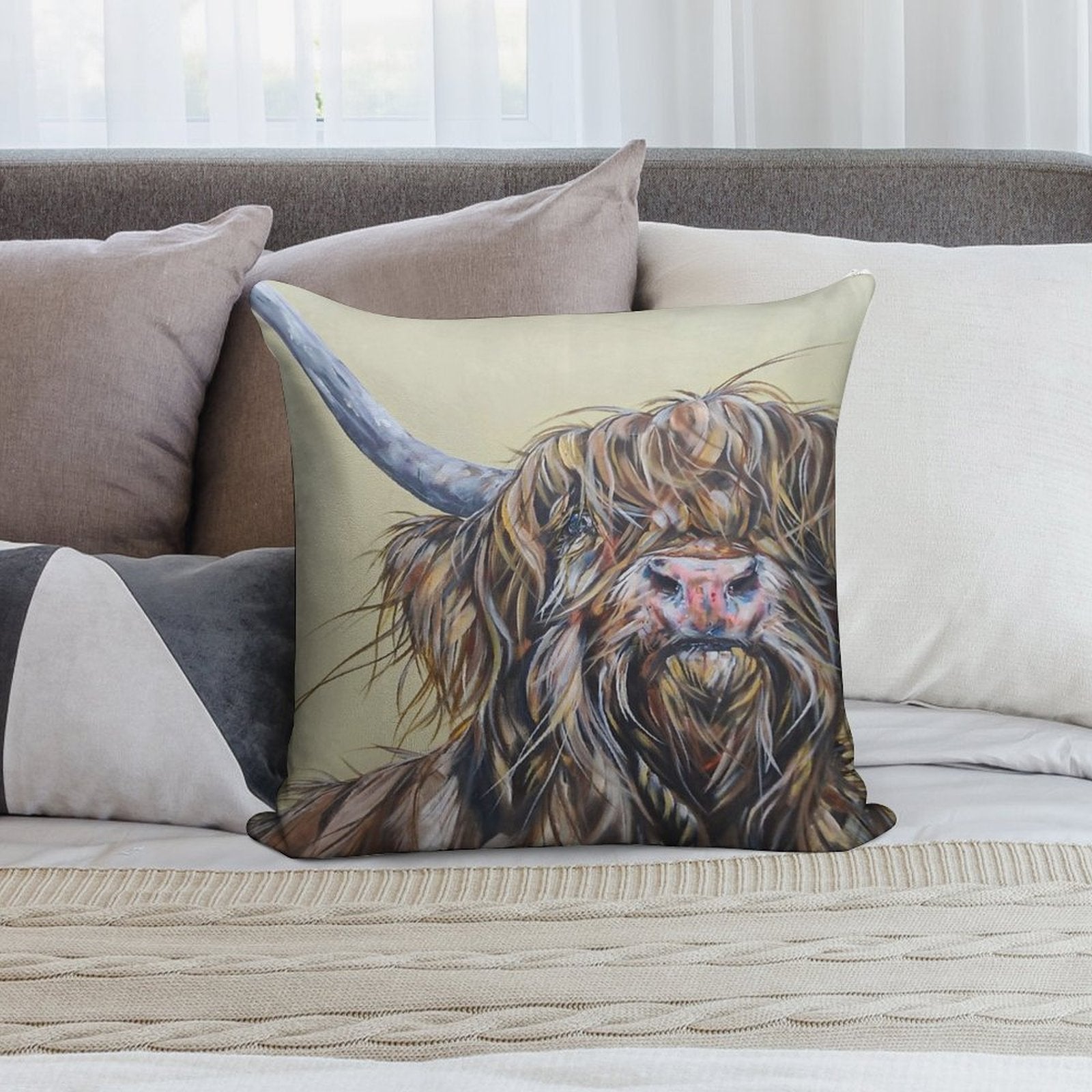 Wally McWindy. Highland Hairy Cow, Heilan Scottish Funny Coo Art by Award-winning UK Artist Sam Fenner Soft Warmth Comfort Throw Pillow