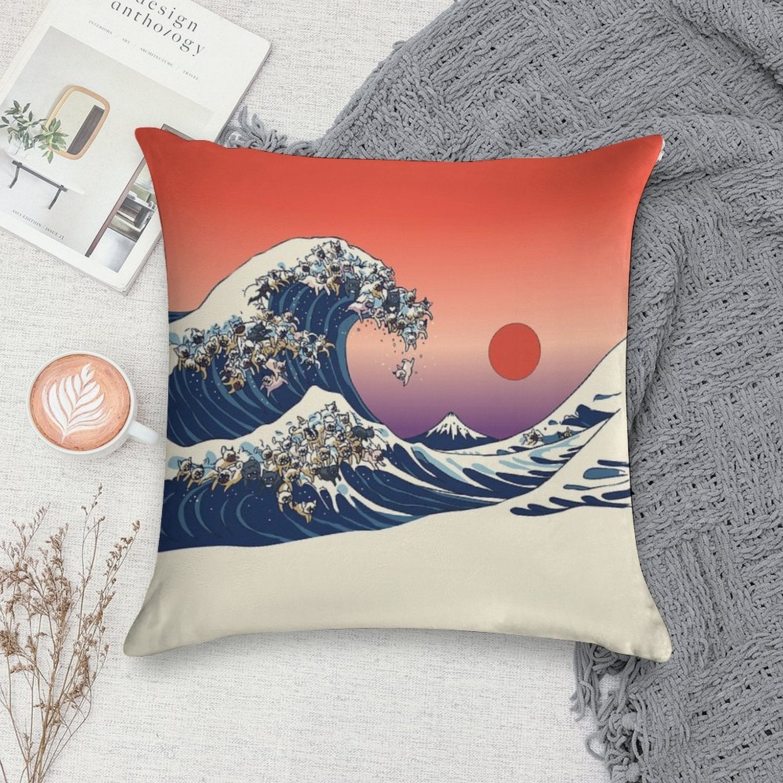 The Great Wave of French Bulldog Soft Easy Maintenance Throw Pillow