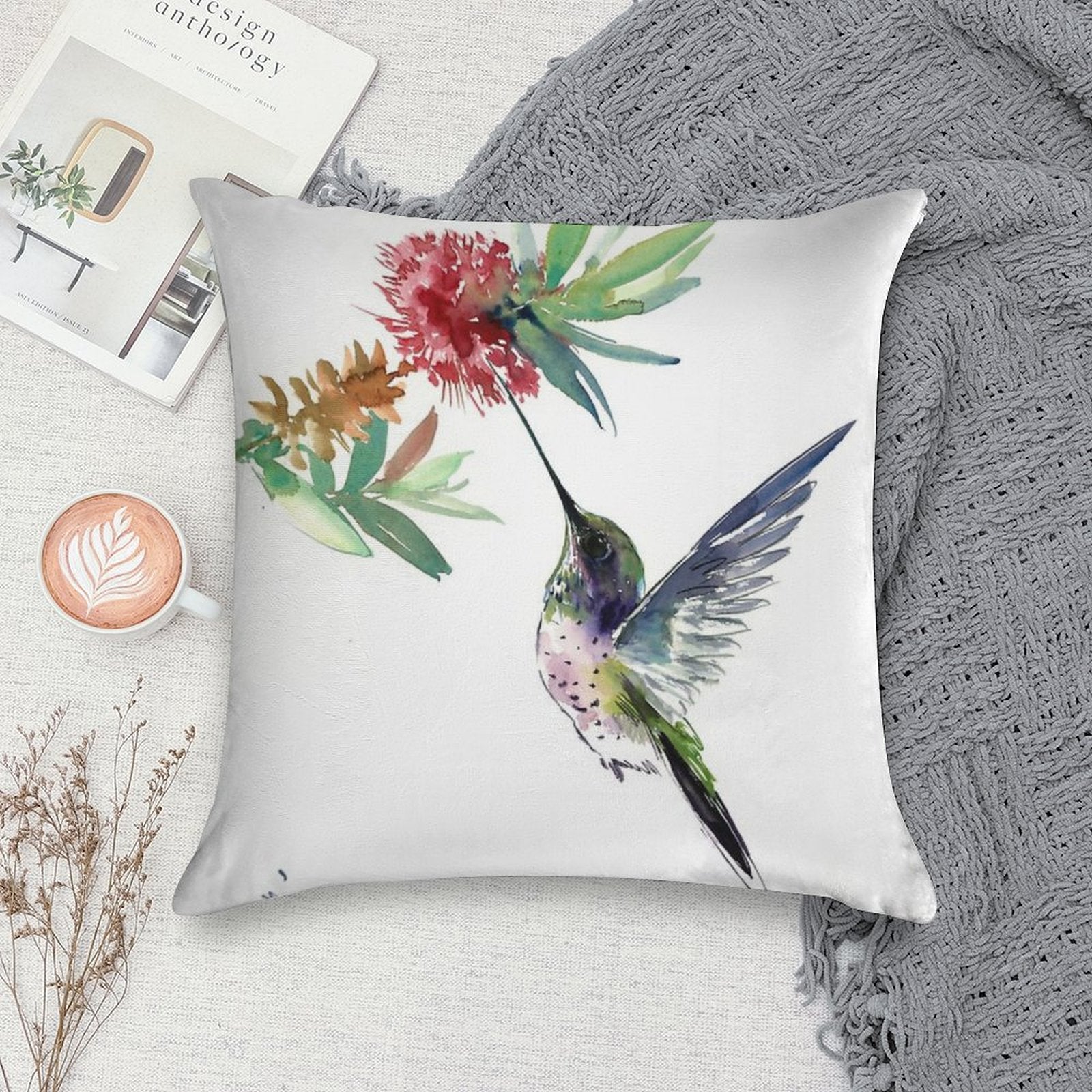 Hummingbird And Flower Soft Fade-Resistant Throw Pillow