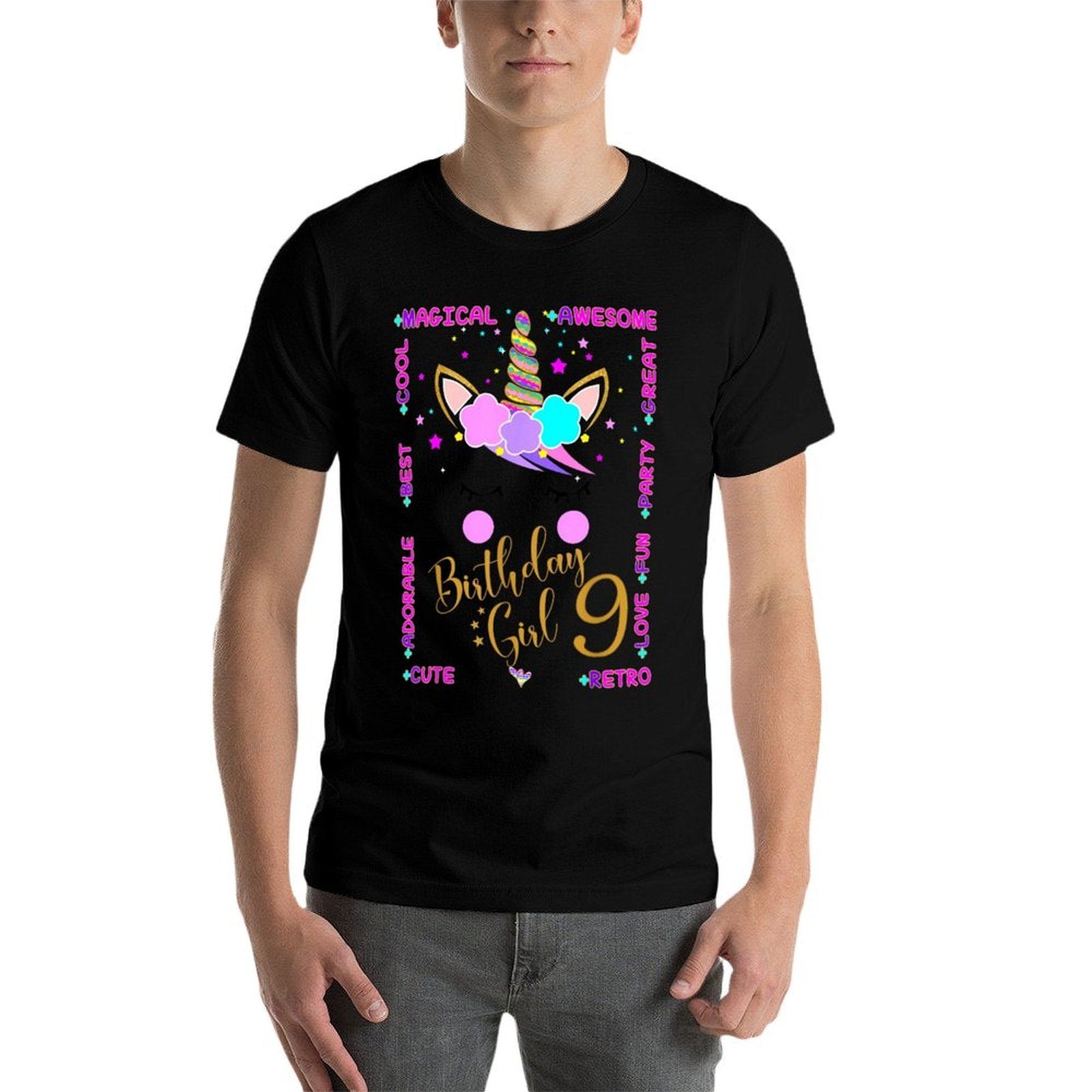 9th Unicorn Birthday Girl Nine Years Old Kids  Trendy Pattern T-Shirt