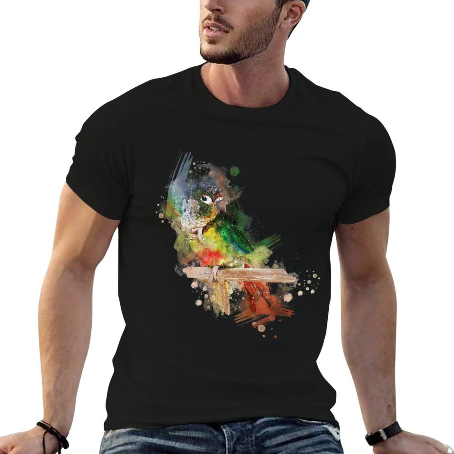 Watercolor Yellow Sided Green Cheek Conure Parrot Rolled Sleeves T-Shirt