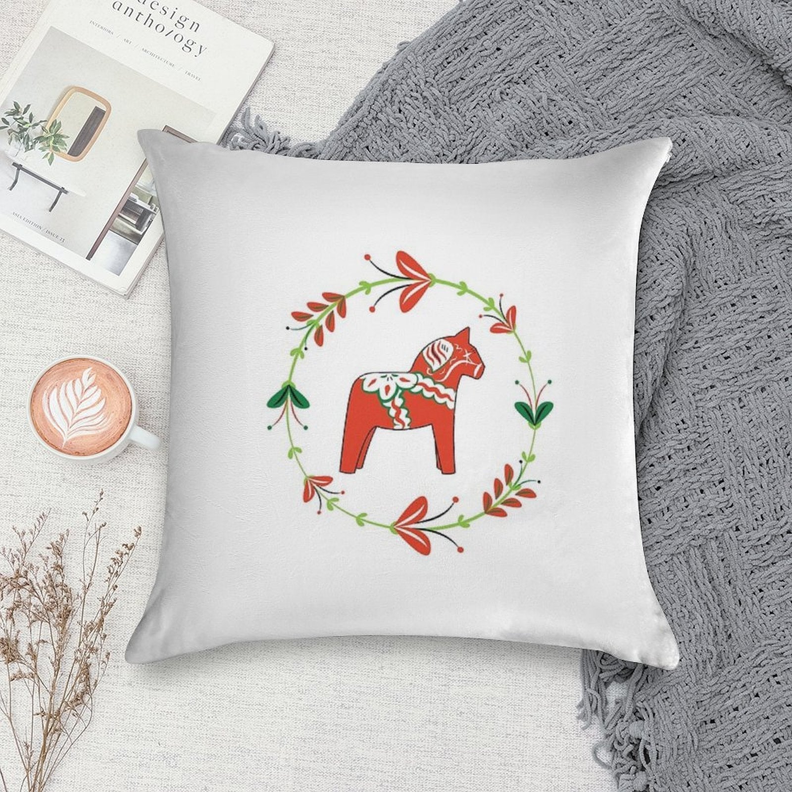 Dala Horse with Swedish Folk Art Wreath Soft Home Decor Throw Pillow