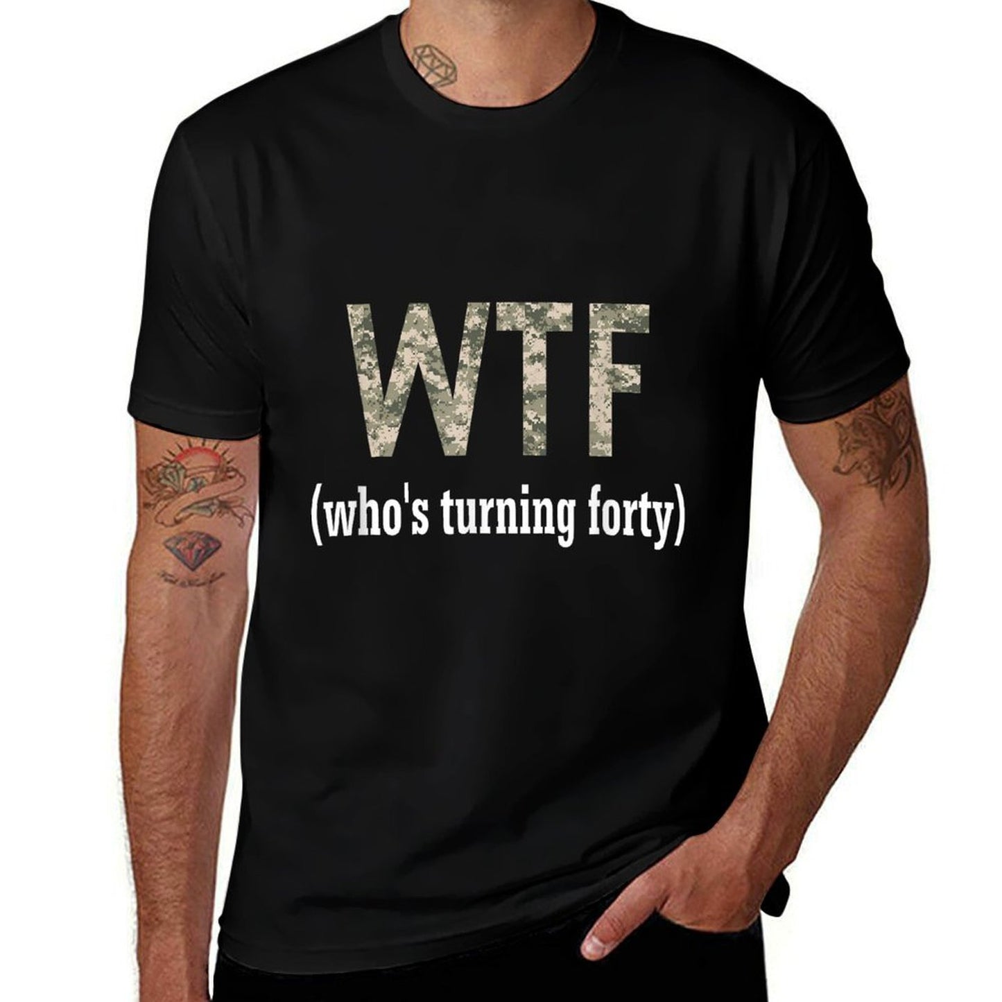 40th Birthday Gift Shirt WTF Who's Turning Forty Funny Camo  Eco-friendly Material T-Shirt