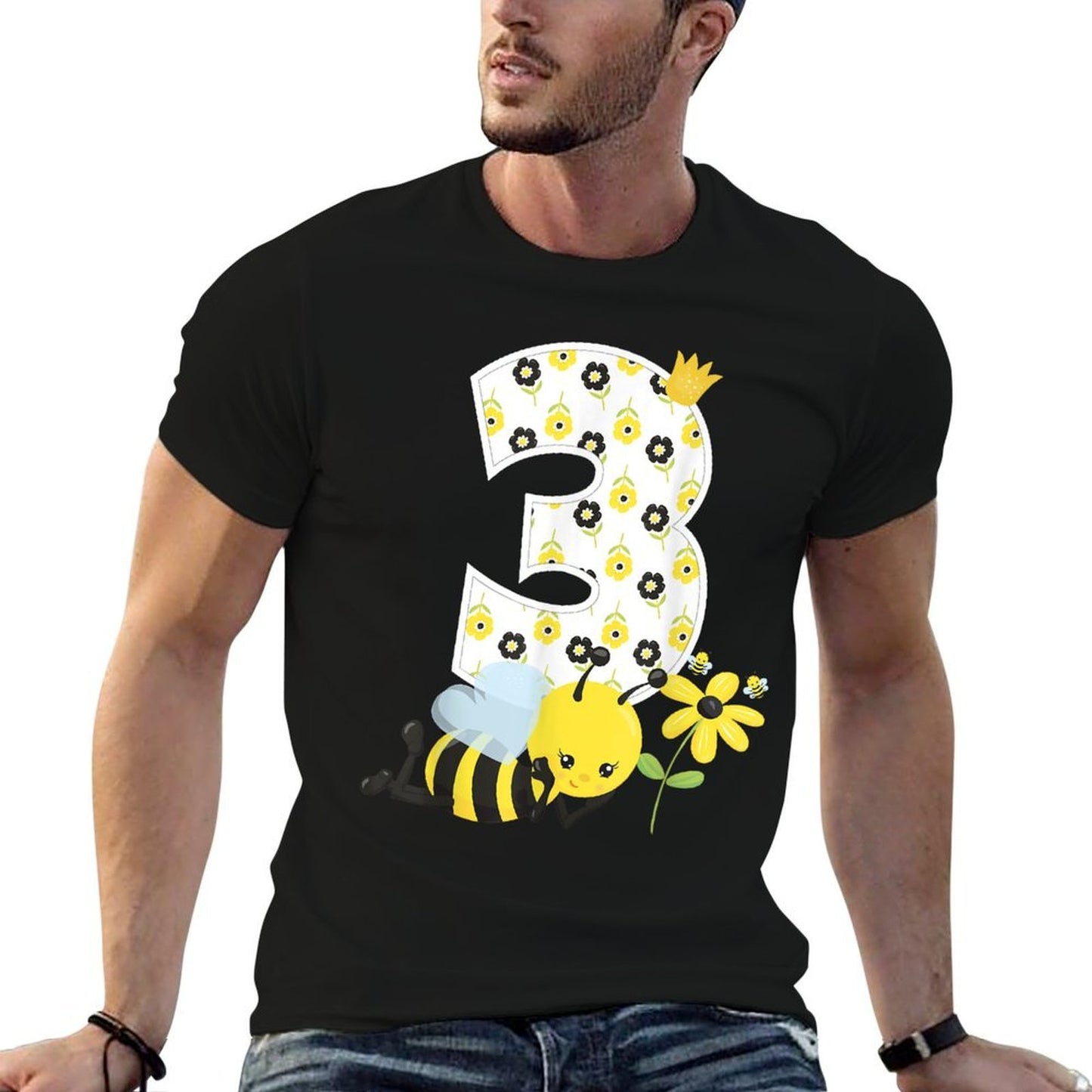 3rd Birthday Girl Bee Theme Bday 3 Year Old Matching Part Heathered Texture T-Shirt